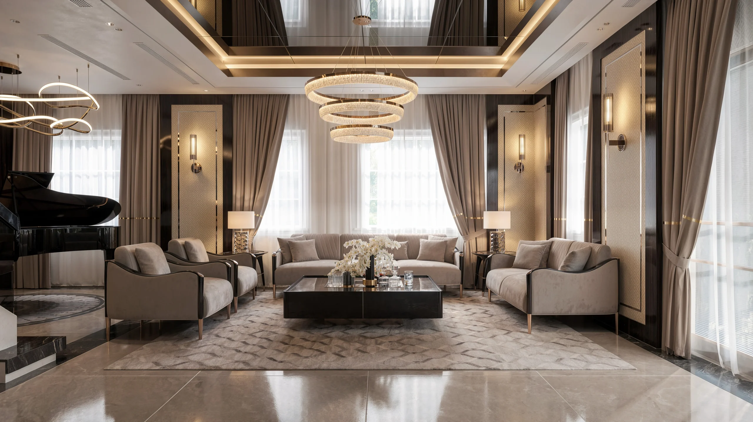Giải pháp ánh sáng đẳng cấp với đèn chùm pha lê nghệ thuật trong phòng khách Fluxhome