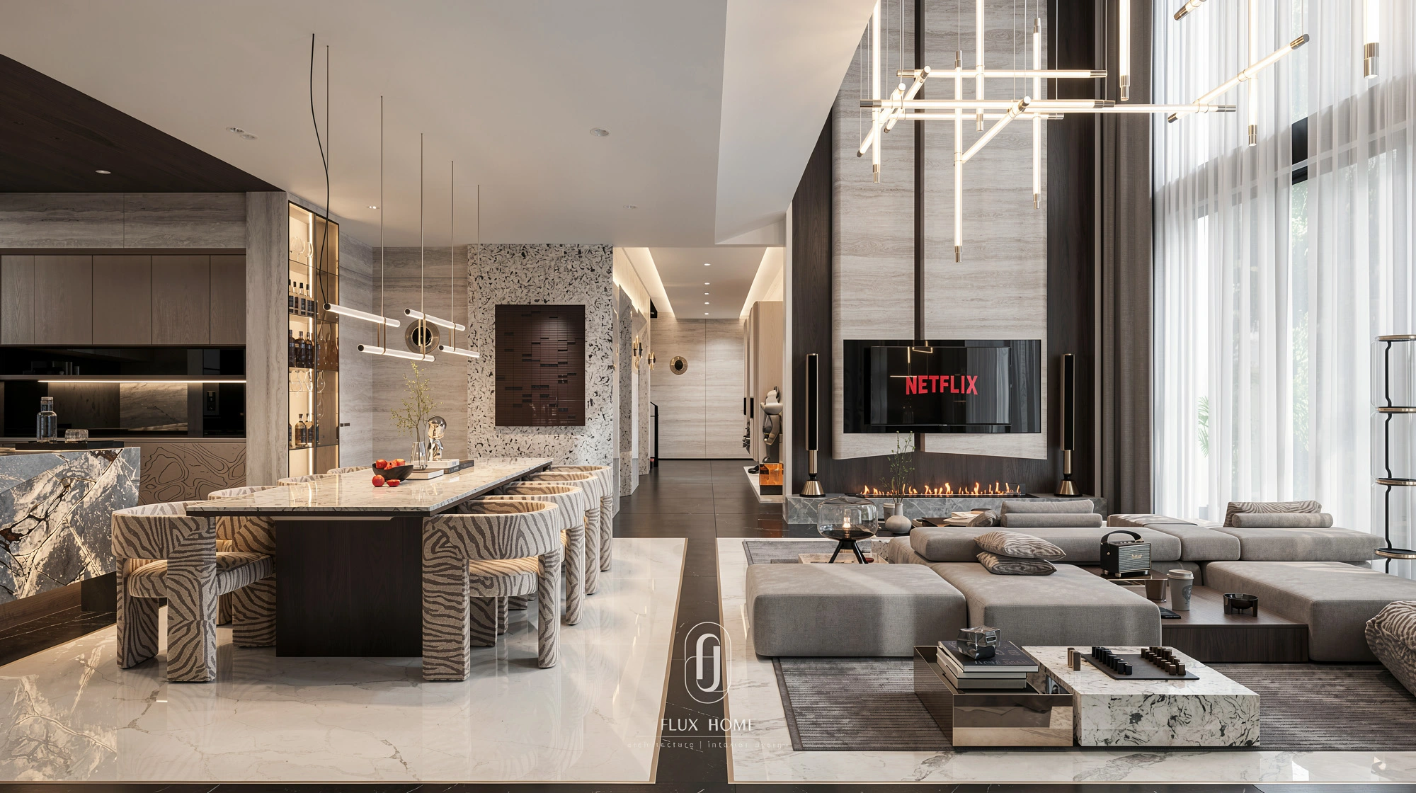 Nội thất phòng khách màu trung tính nhẹ nhàng phong cách hiện đại luxury Fluxhome