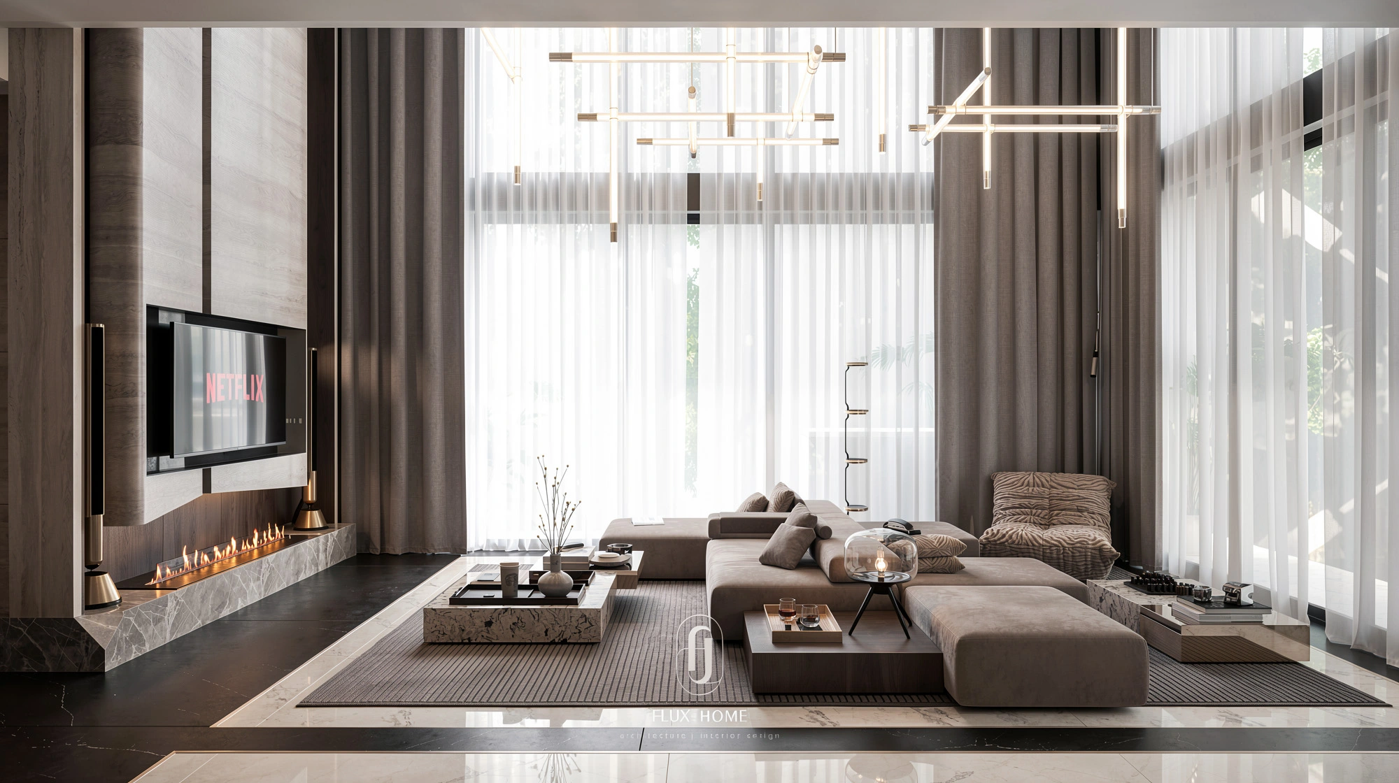 Fluxhome chuyên thiết kế thi công trọn gói phòng khách thông tầng đẳng cấp uy tín