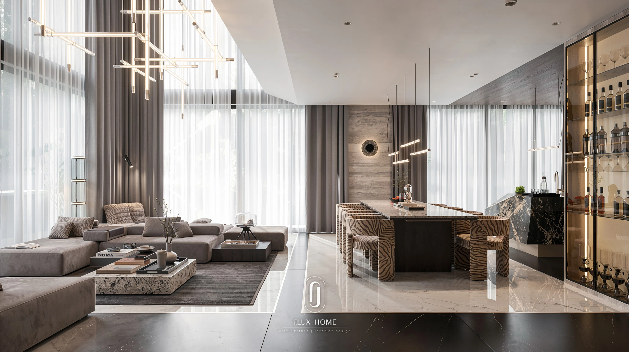 Mẫu thiết kế phòng khách luxury thông tầng hiện đại tinh tế mã số PK22 từ Fluxhome