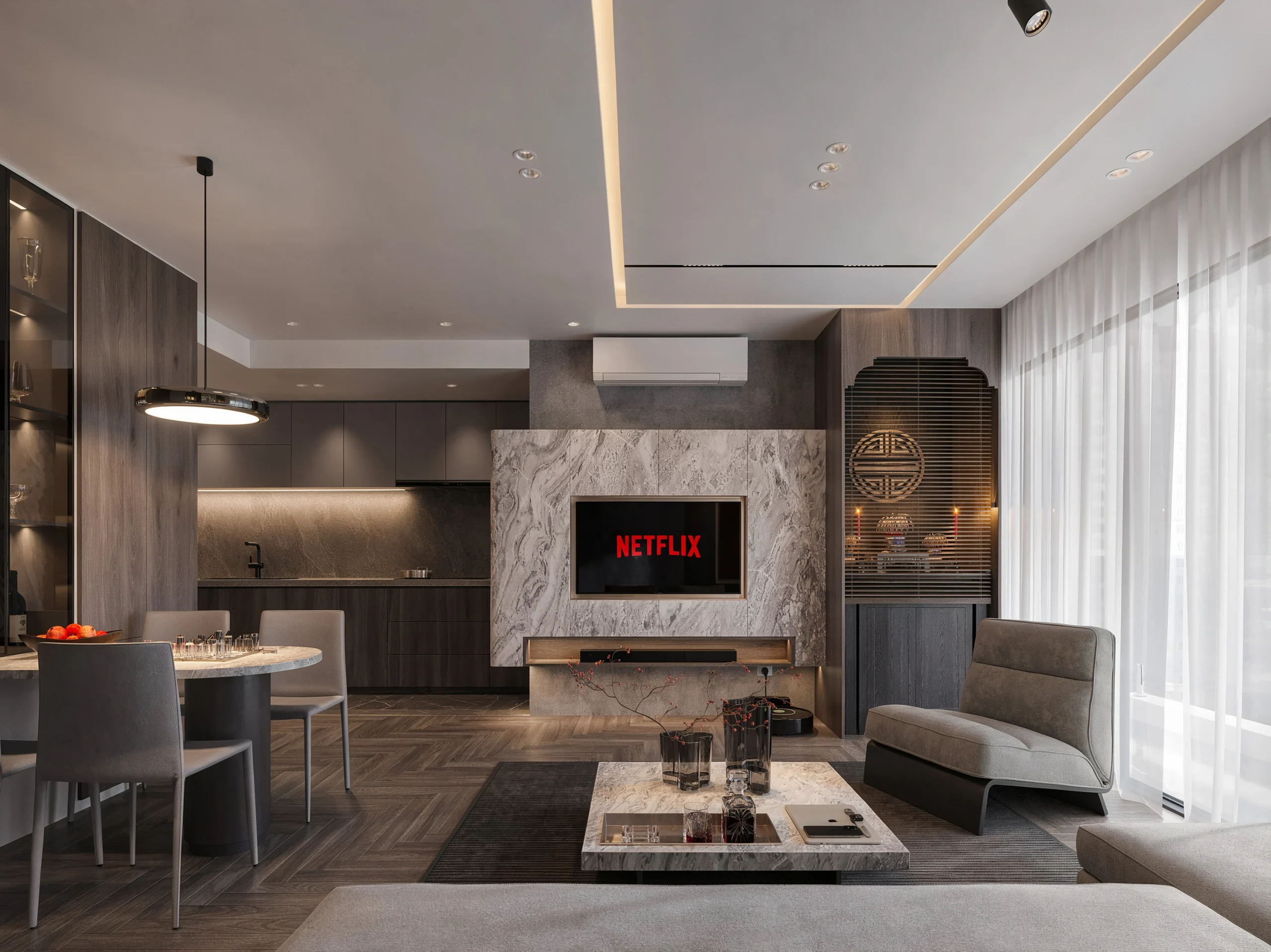 Sự kết hợp hoàn hảo giữa các vật liệu gỗ đá và kim loại trong phòng khách PK23 của Fluxhome