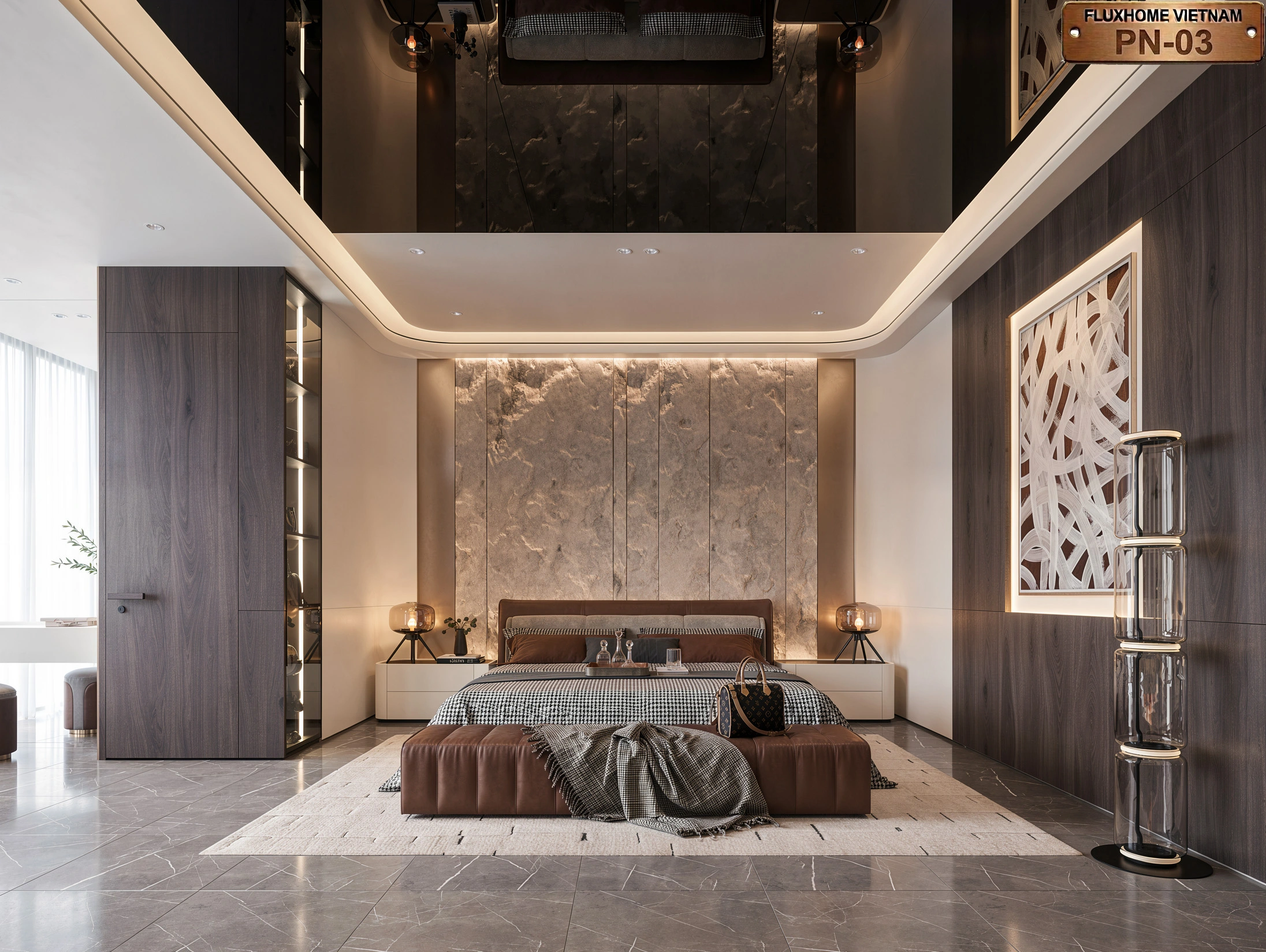 Phòng ngủ hiện đại luxury màu trắng kết hợp màu gỗ sang trọng