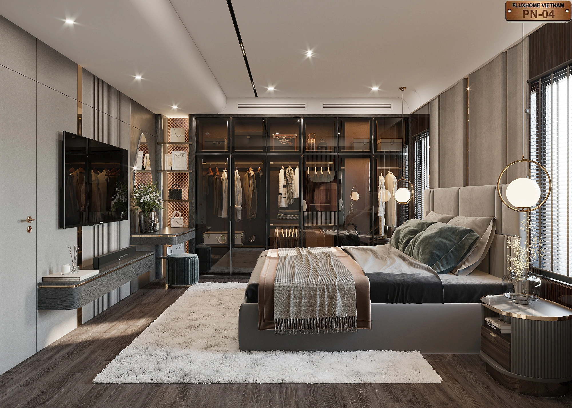Phòng ngủ luxury màu ghi sáng kết hợp màu đen sang trọng