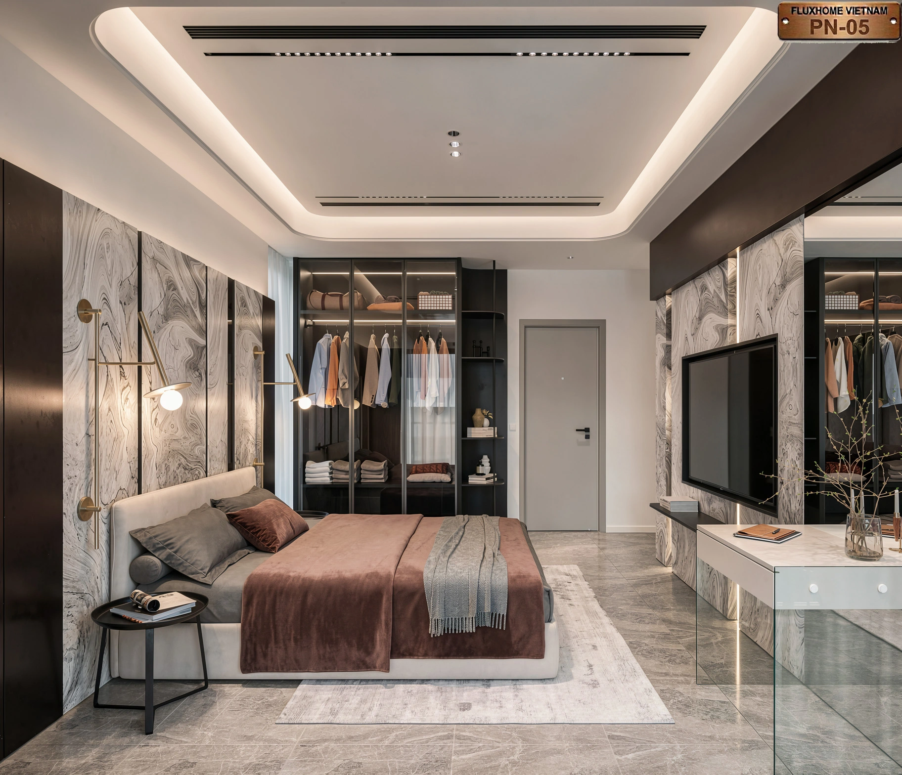 Vách ốp giả đá cao cấp trong phòng ngủ hiện đại