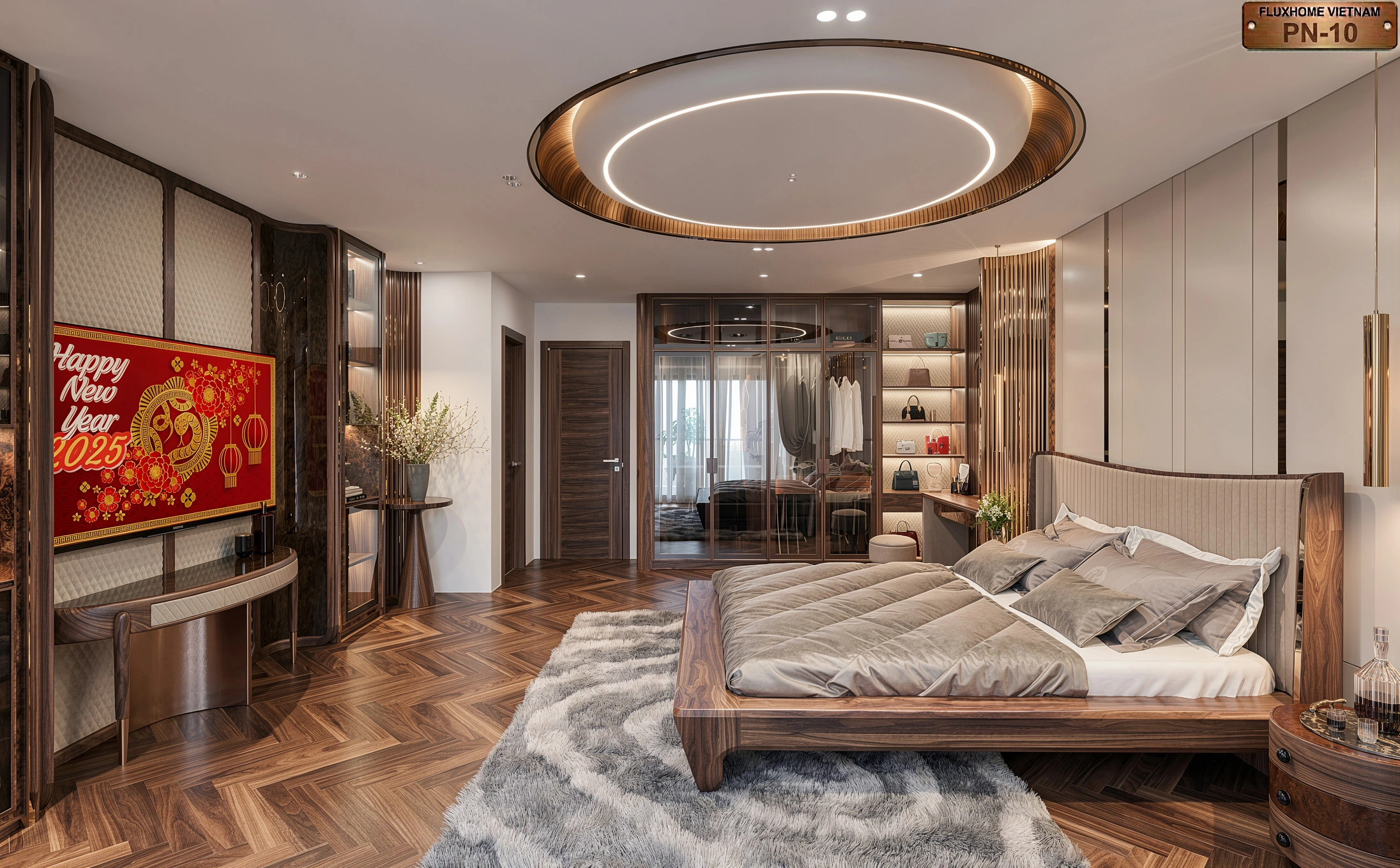 Nội thất phòng ngủ biệt thự gỗ óc chó luxury