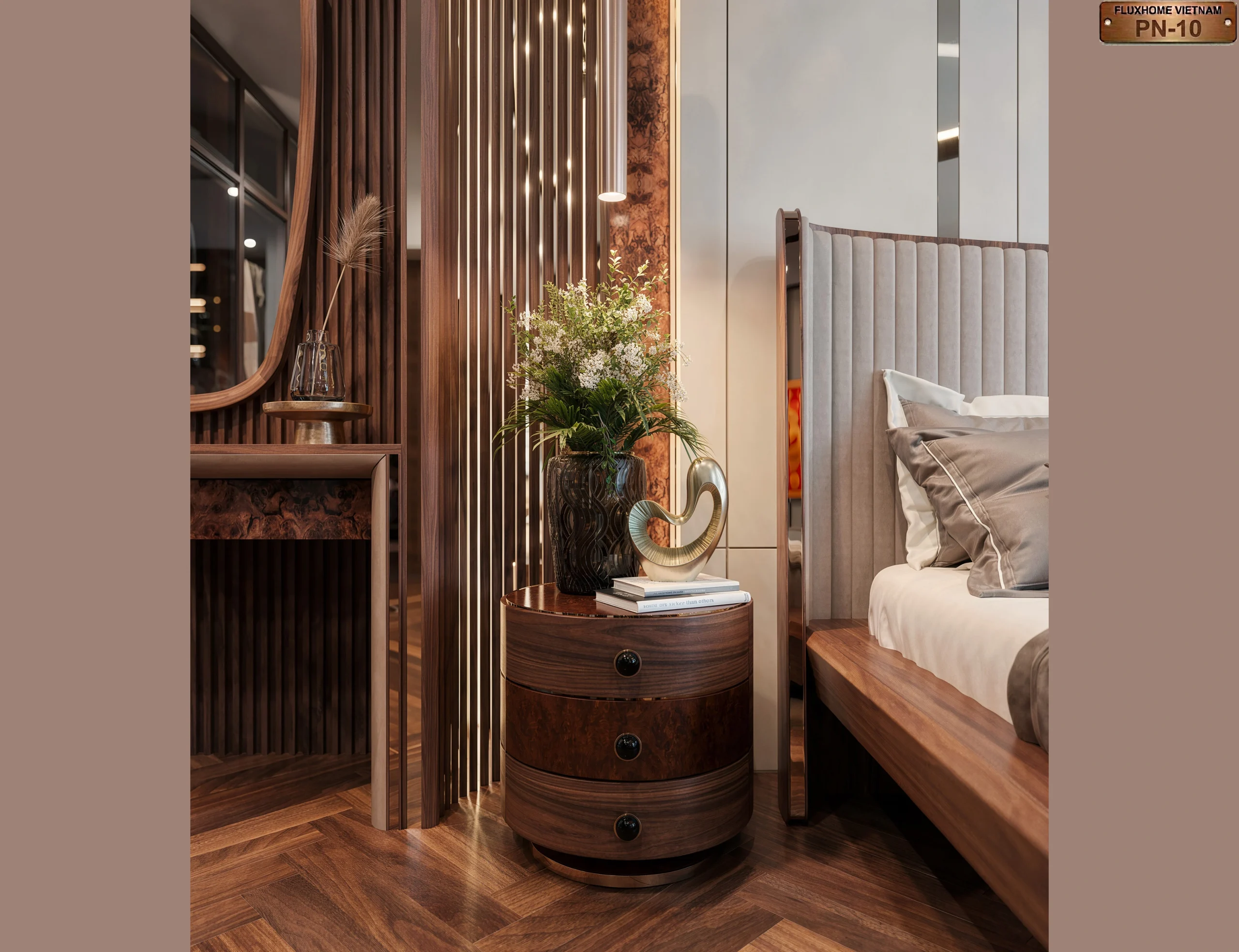 Thiết kế phòng ngủ gỗ óc chó luxury bởi Fluxhome Việt Nam