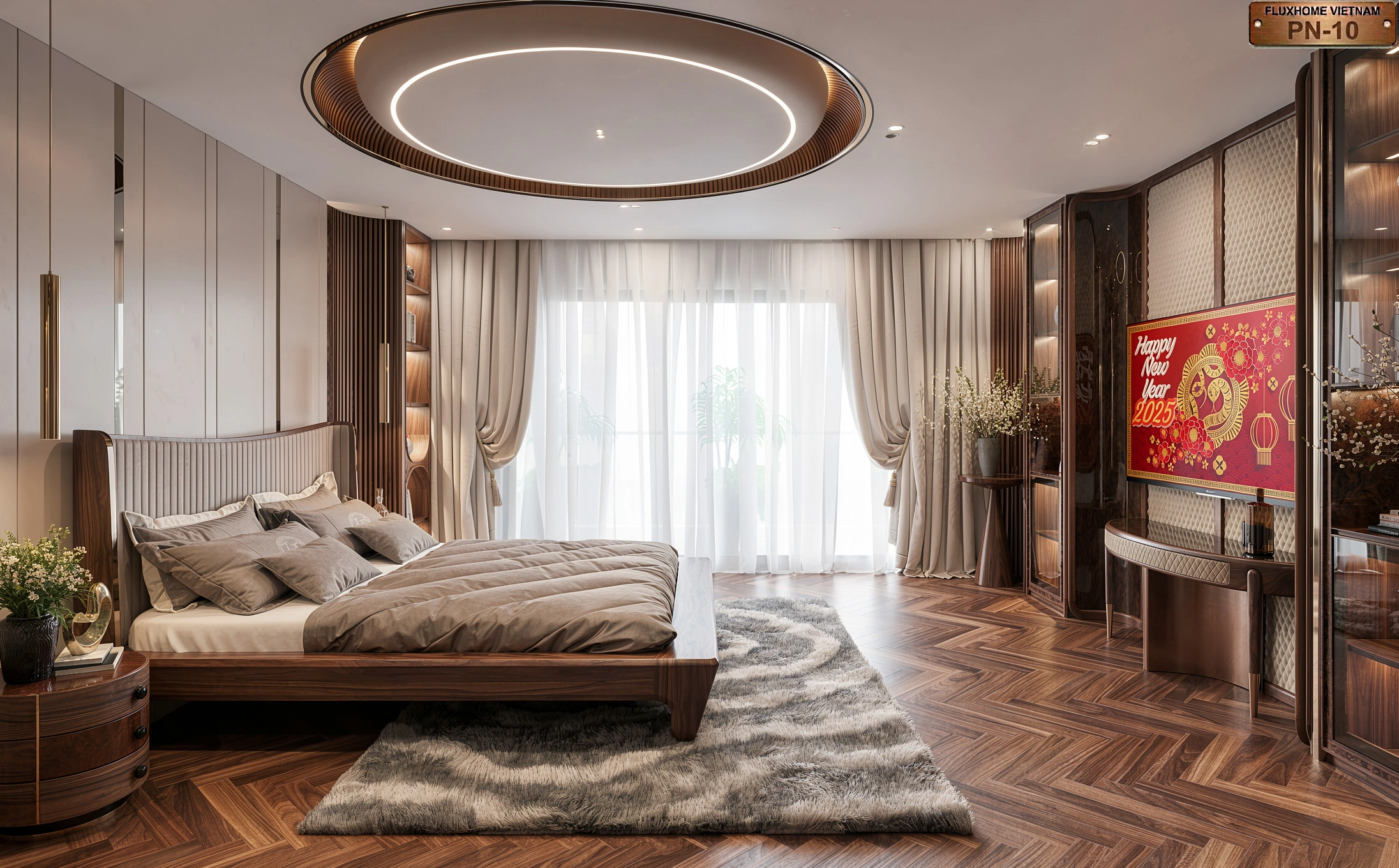 Hệ tủ trưng bày gỗ óc chó trong phòng ngủ luxury