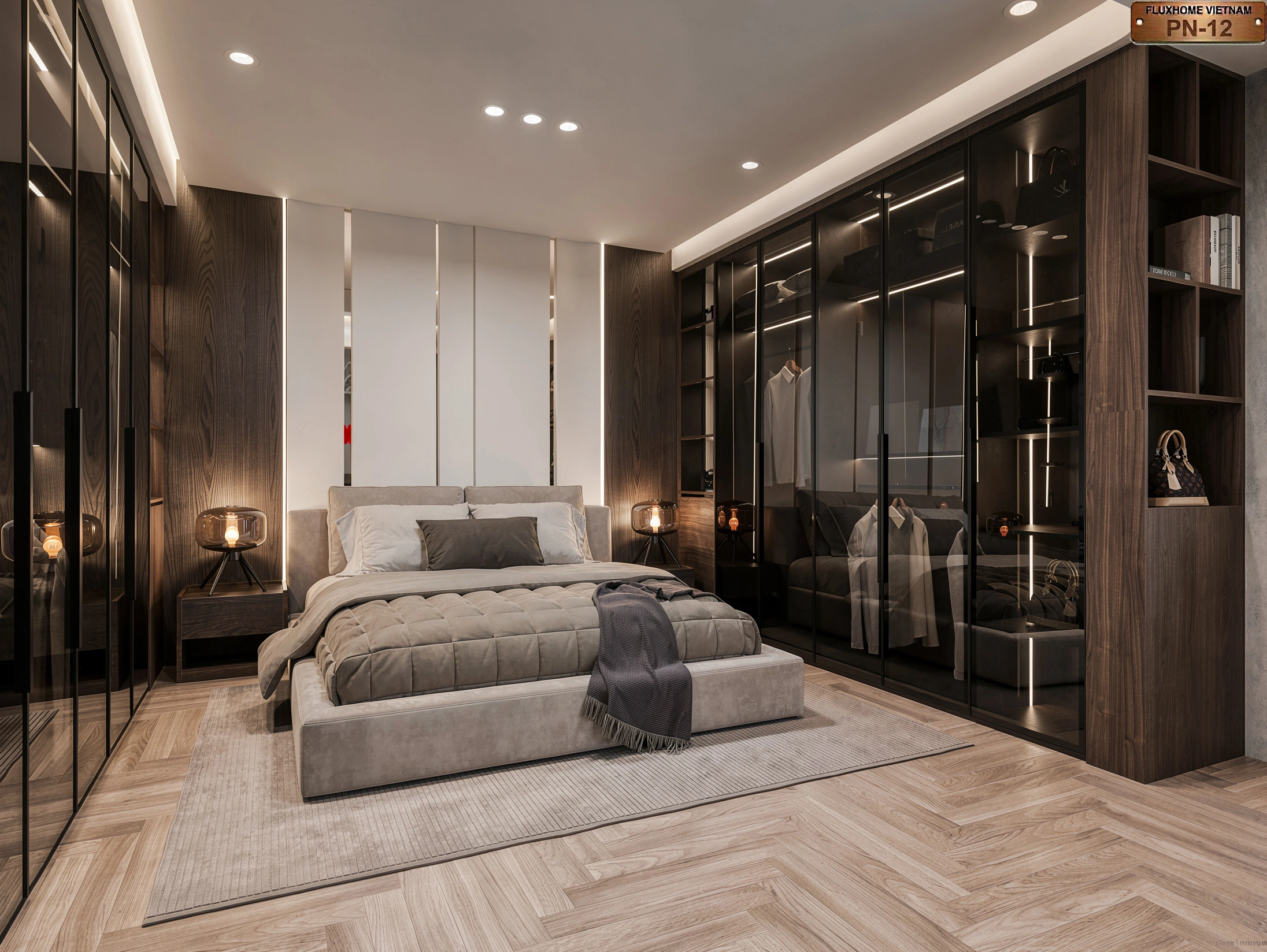 Hệ tủ áo cánh kính màu đen trong phòng ngủ luxury