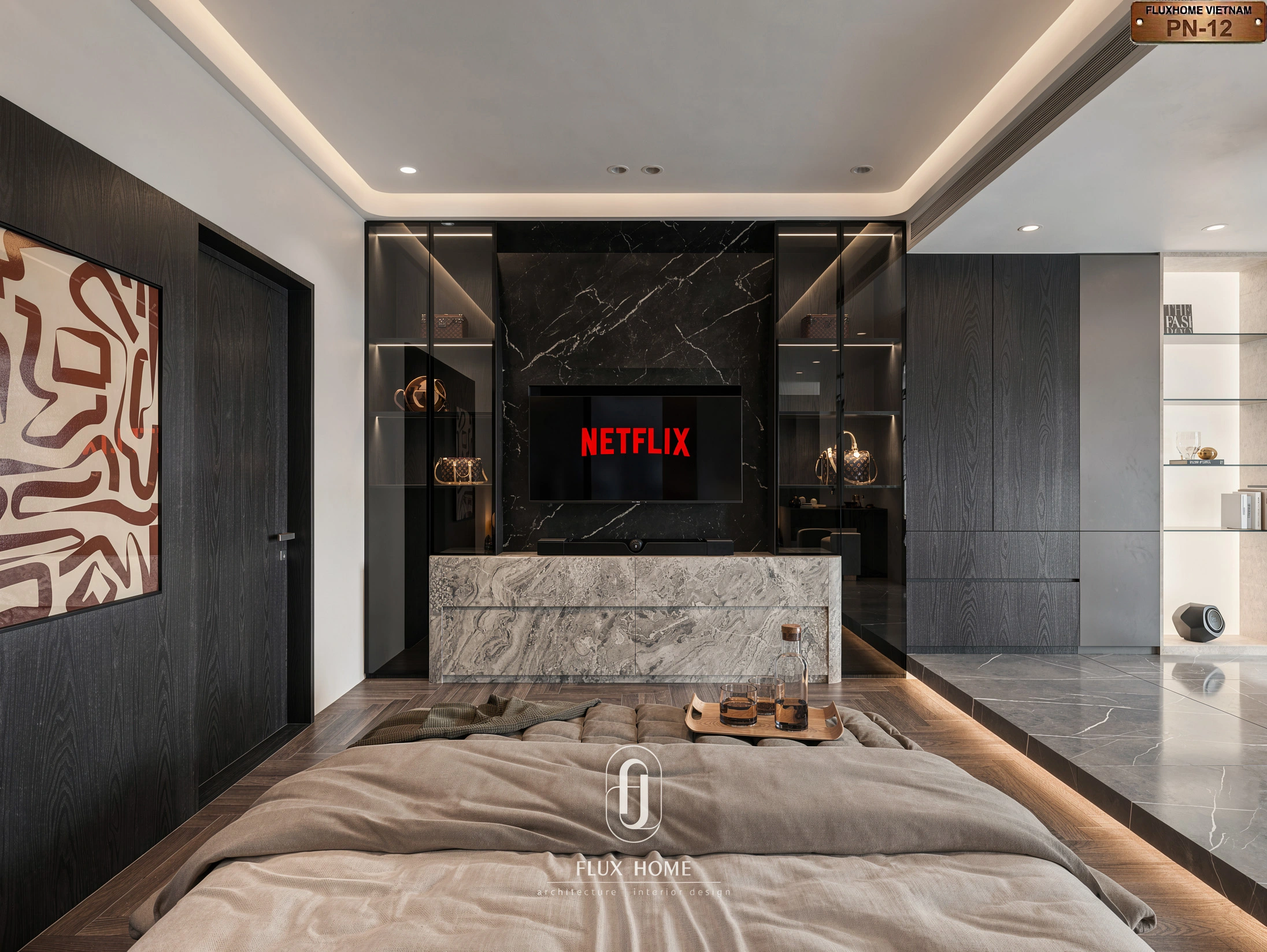 Vách tivi đá đen vân mây phong cách Modern Luxury