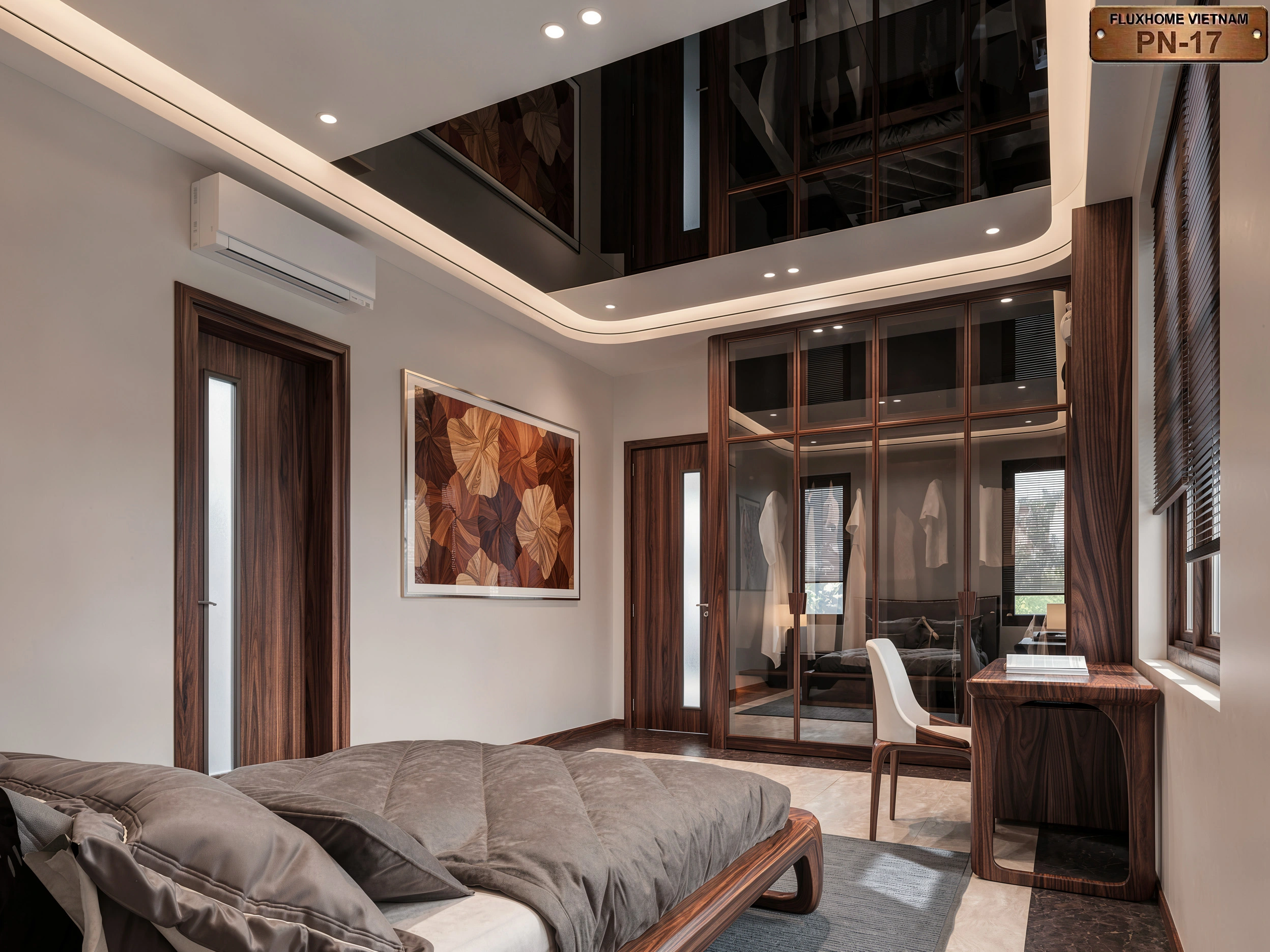 Nội thất phòng ngủ gỗ óc chó sang trọng với giường ngủ thiết kế mềm mại và ánh sáng tinh tế