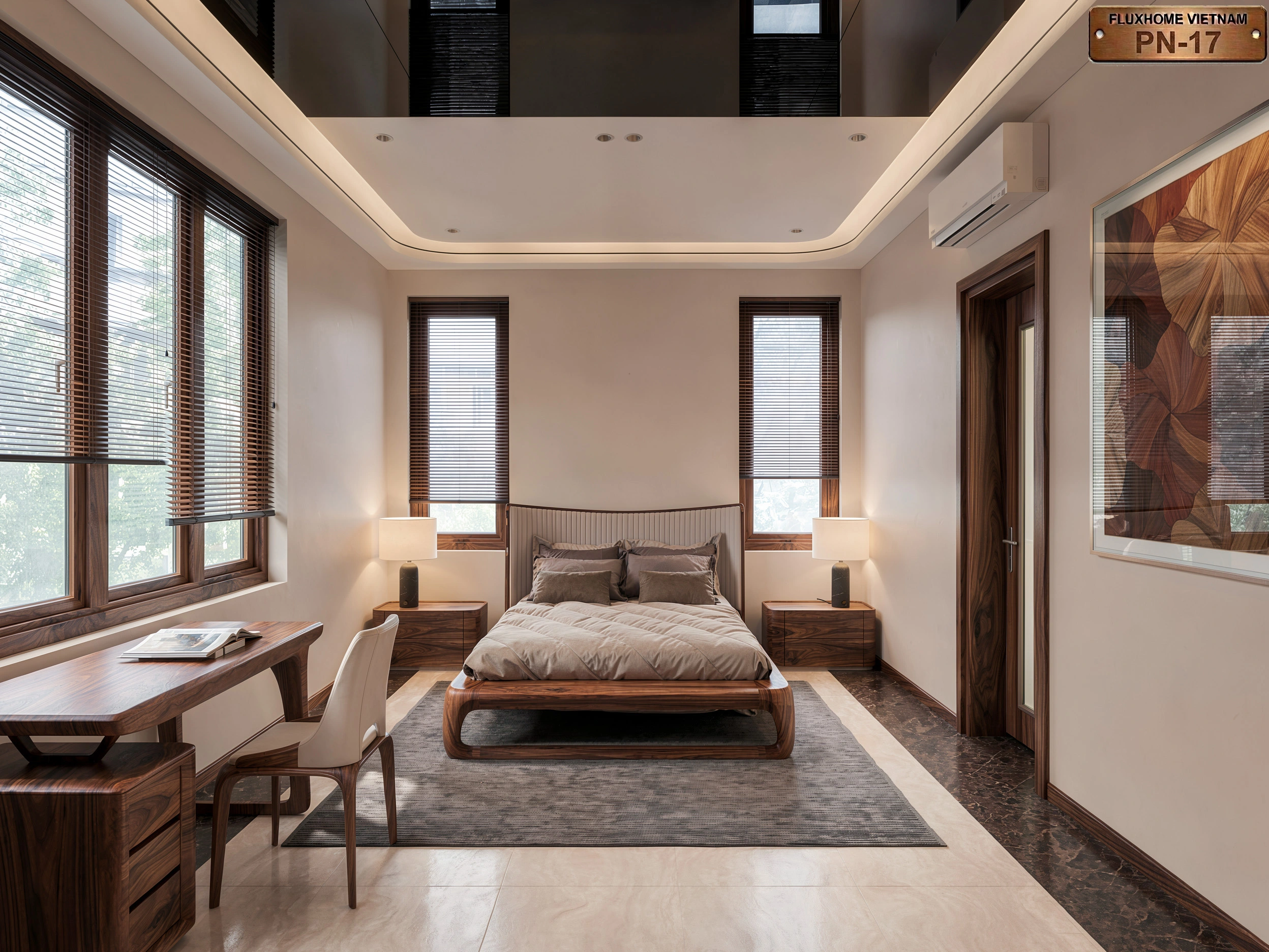 Phòng ngủ gỗ óc chó hiện đại PN17 với thiết kế trần cao sang trọng và cửa sổ lớn đón ánh sáng tự nhiên