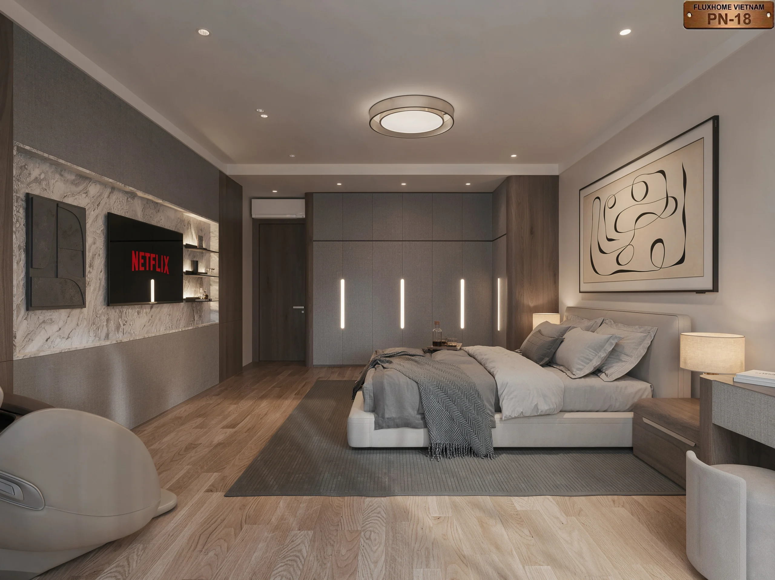 Hệ tủ quần áo hiện đại kết hợp đèn led trang trí phòng ngủ PN18