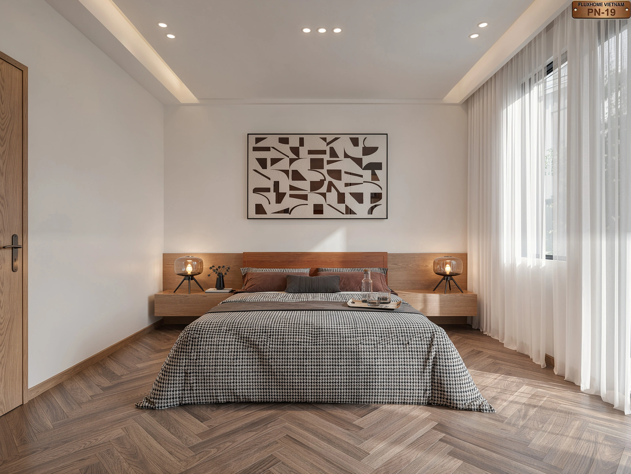 PN19 phòng ngủ hiện đại sử dụng vân gỗ sồi An Cường kết hợp tông trắng kem sang trọng
