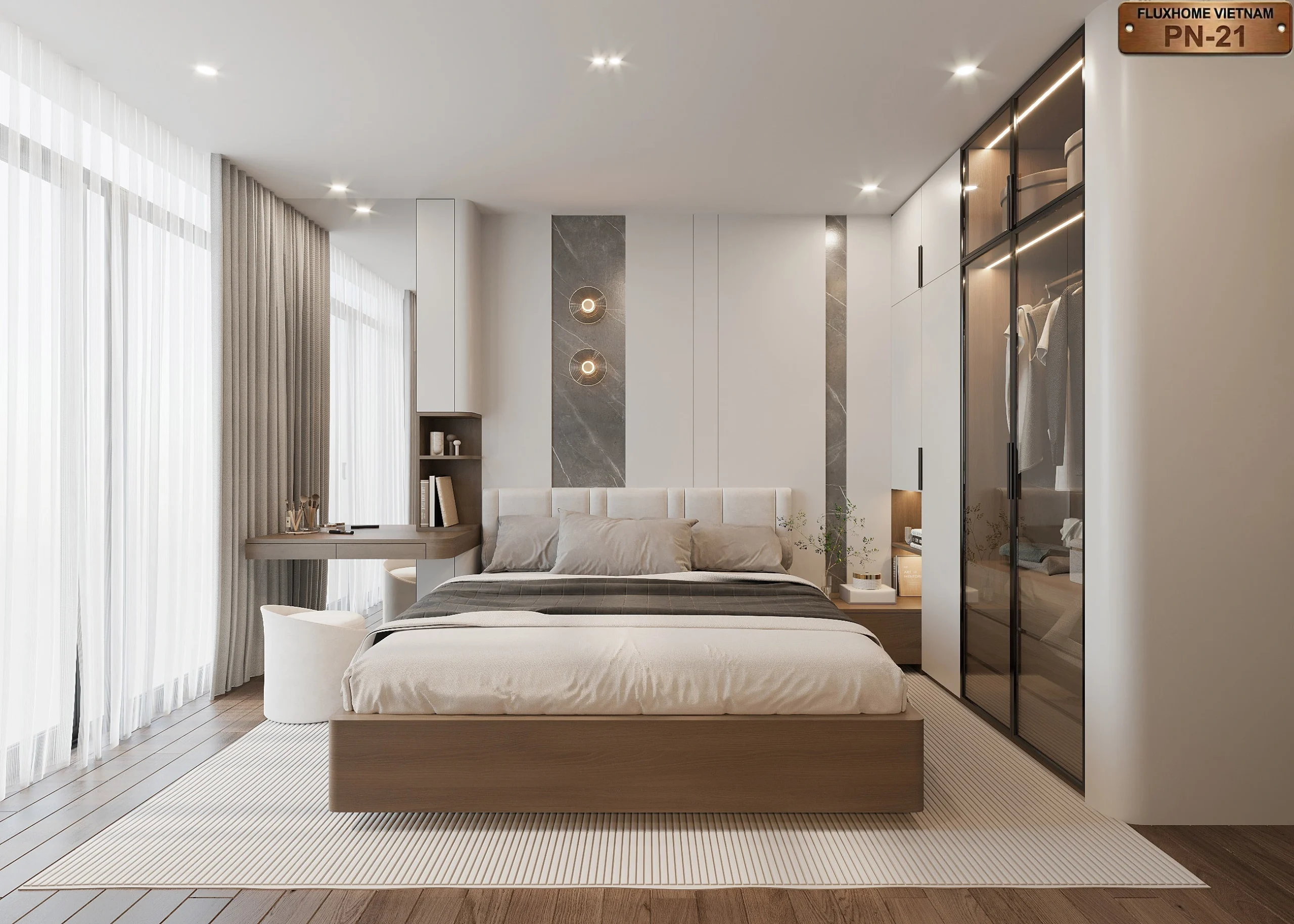 Phòng ngủ màu trắng hiện đại kết hợp gỗ ấm áp