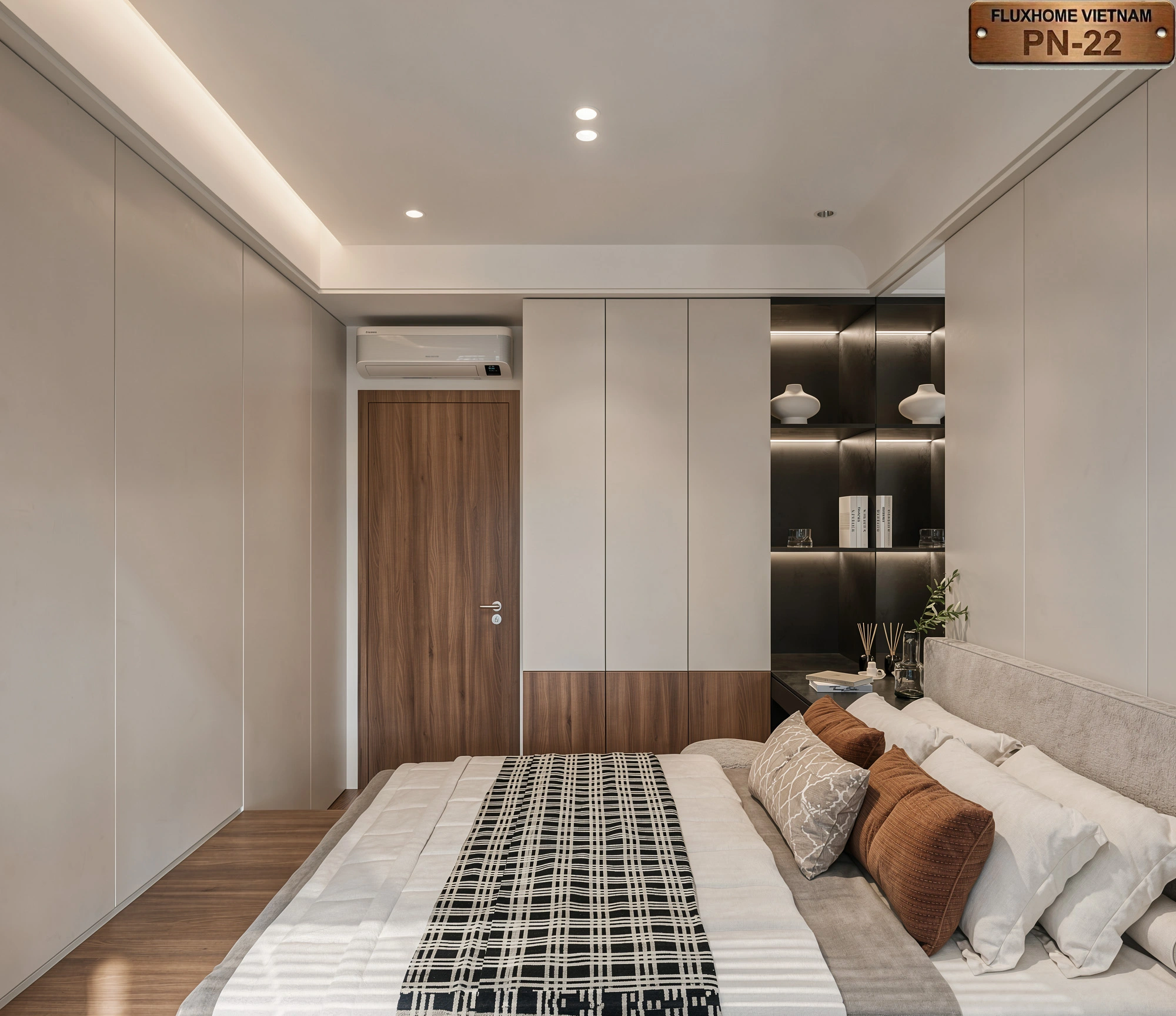 Phòng ngủ màu trắng kết hợp gỗ tự nhiên