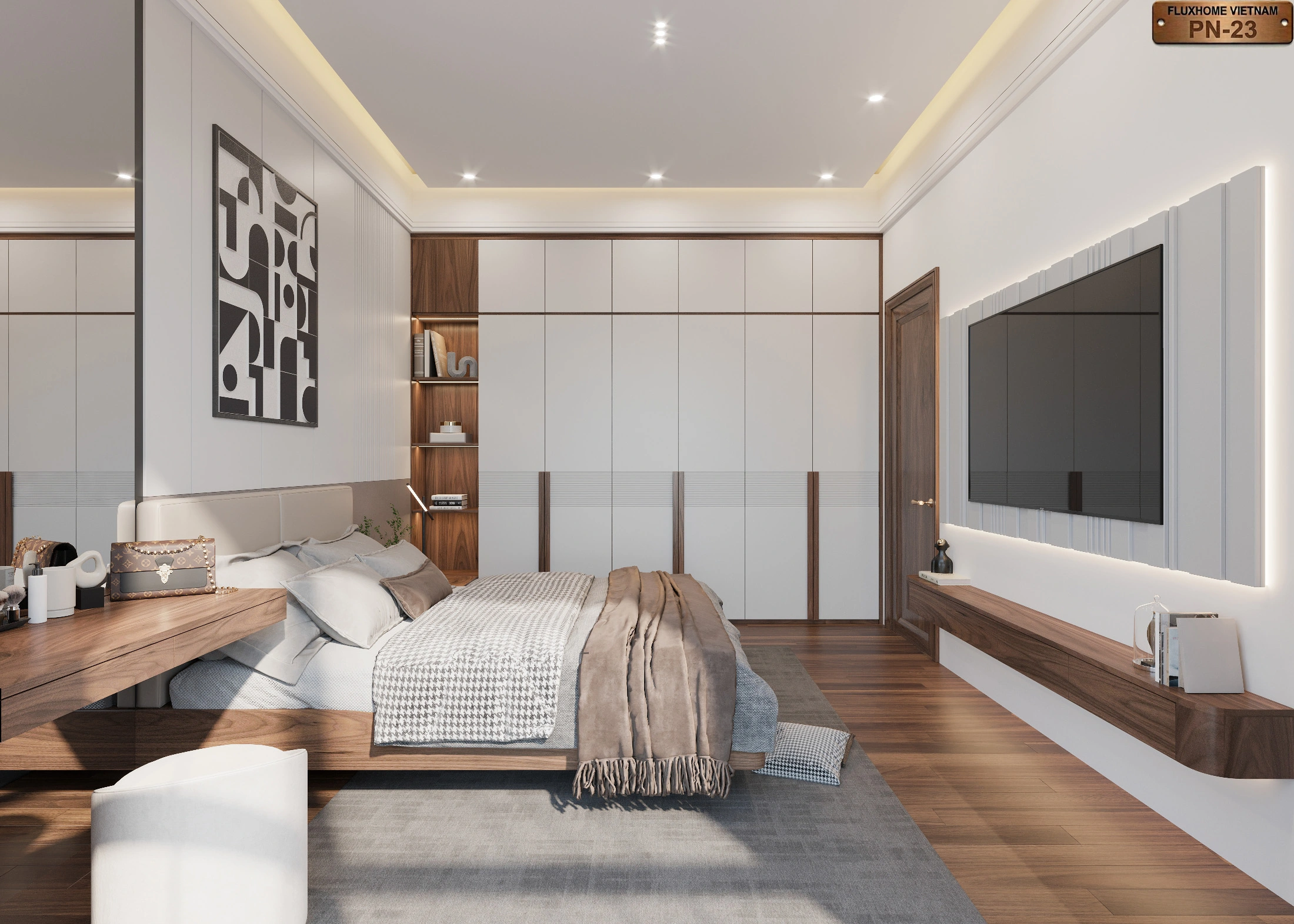 Thiết kế phòng ngủ master hiện đại với nội thất gỗ đẹp