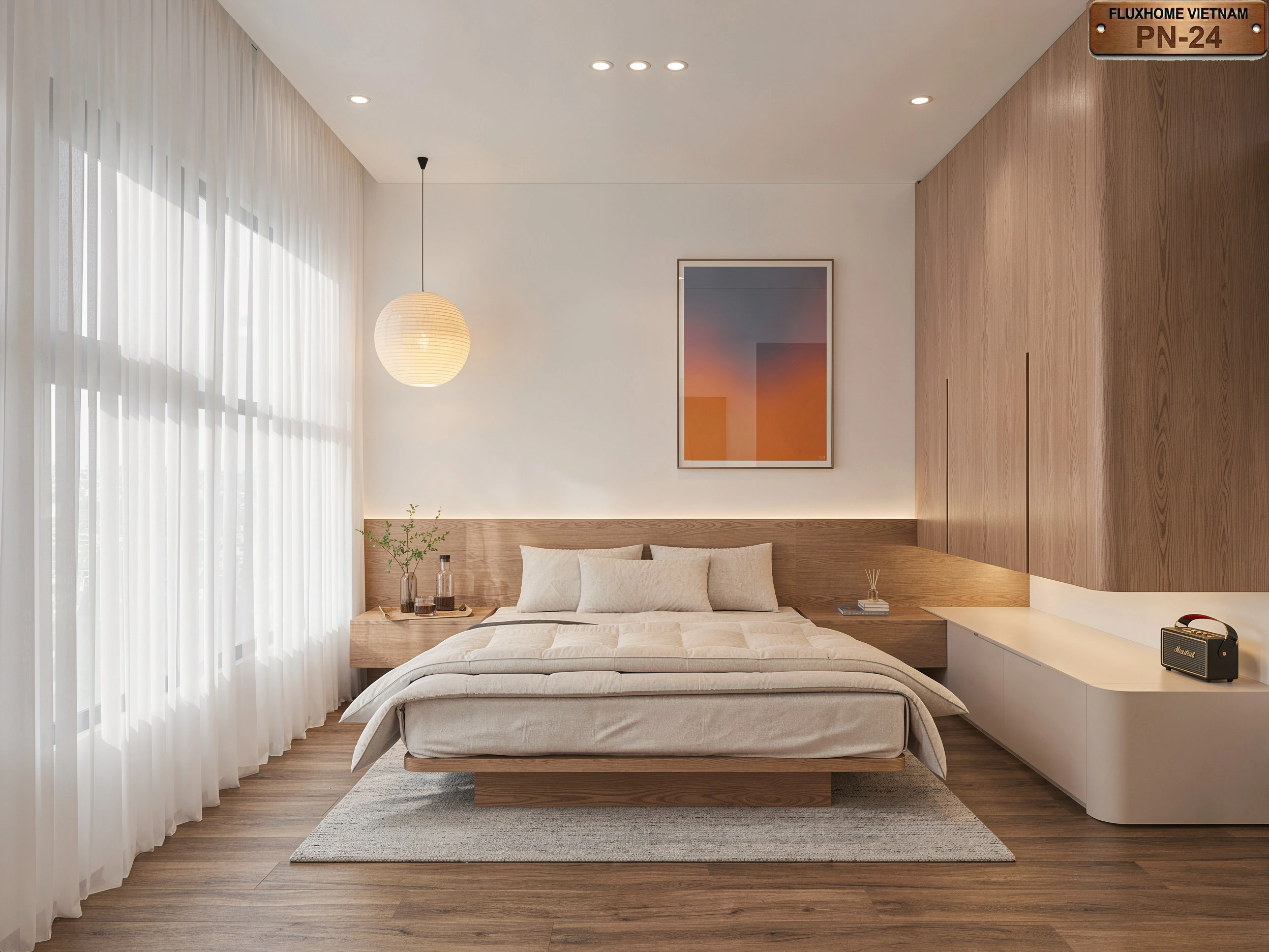 Phòng ngủ màu gỗ tự nhiên kết hợp trắng mờ thiết kế bởi Fluxhome Việt Nam