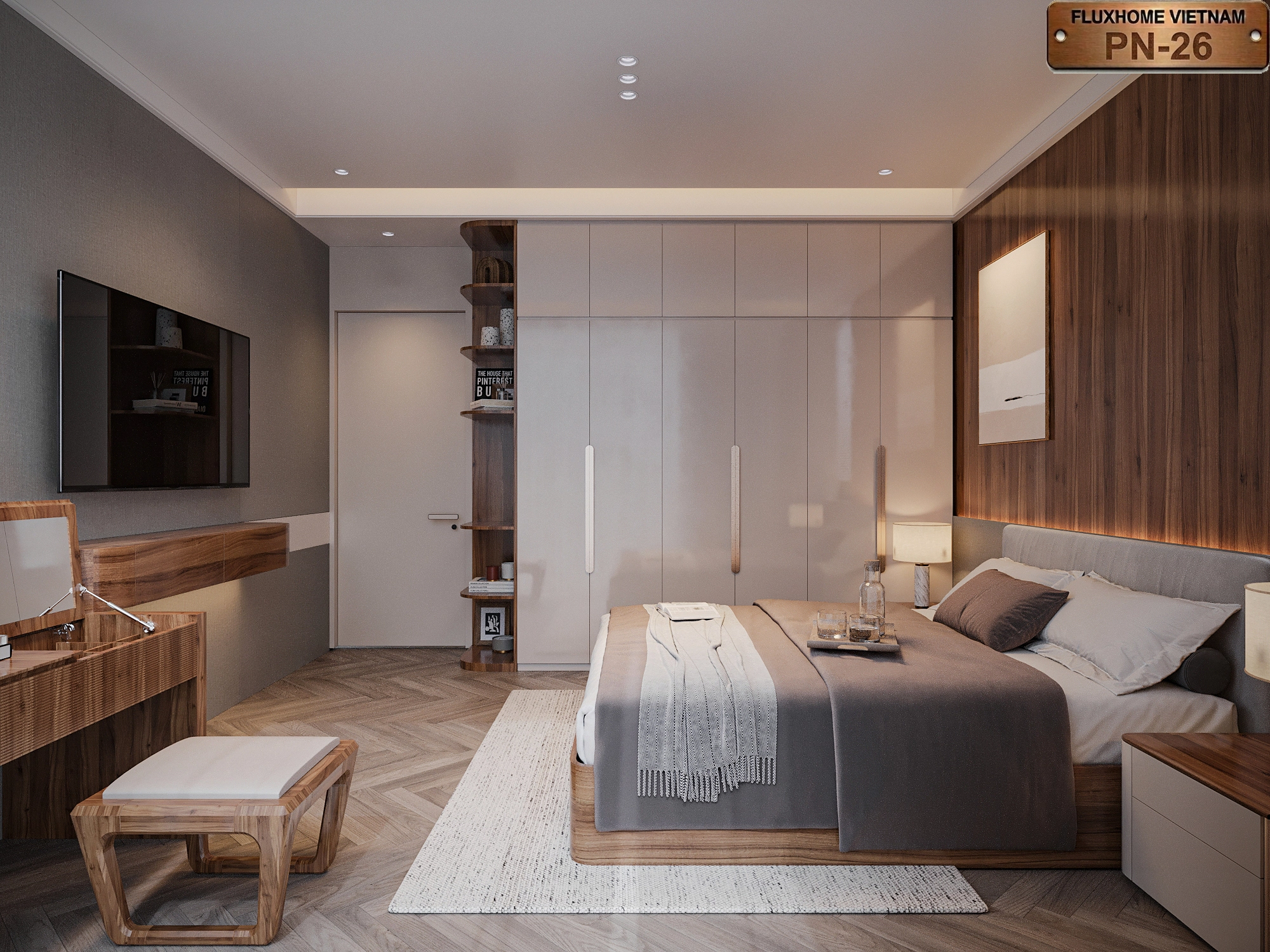Phòng ngủ màu gỗ óc chó hiện đại thiết kế bởi Fluxhome Việt Nam