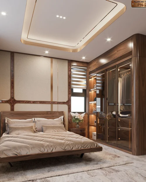 PN27 - Phòng Ngủ Modern Luxury Gỗ Óc Chó Kết Hợp Kính Sang Trọng