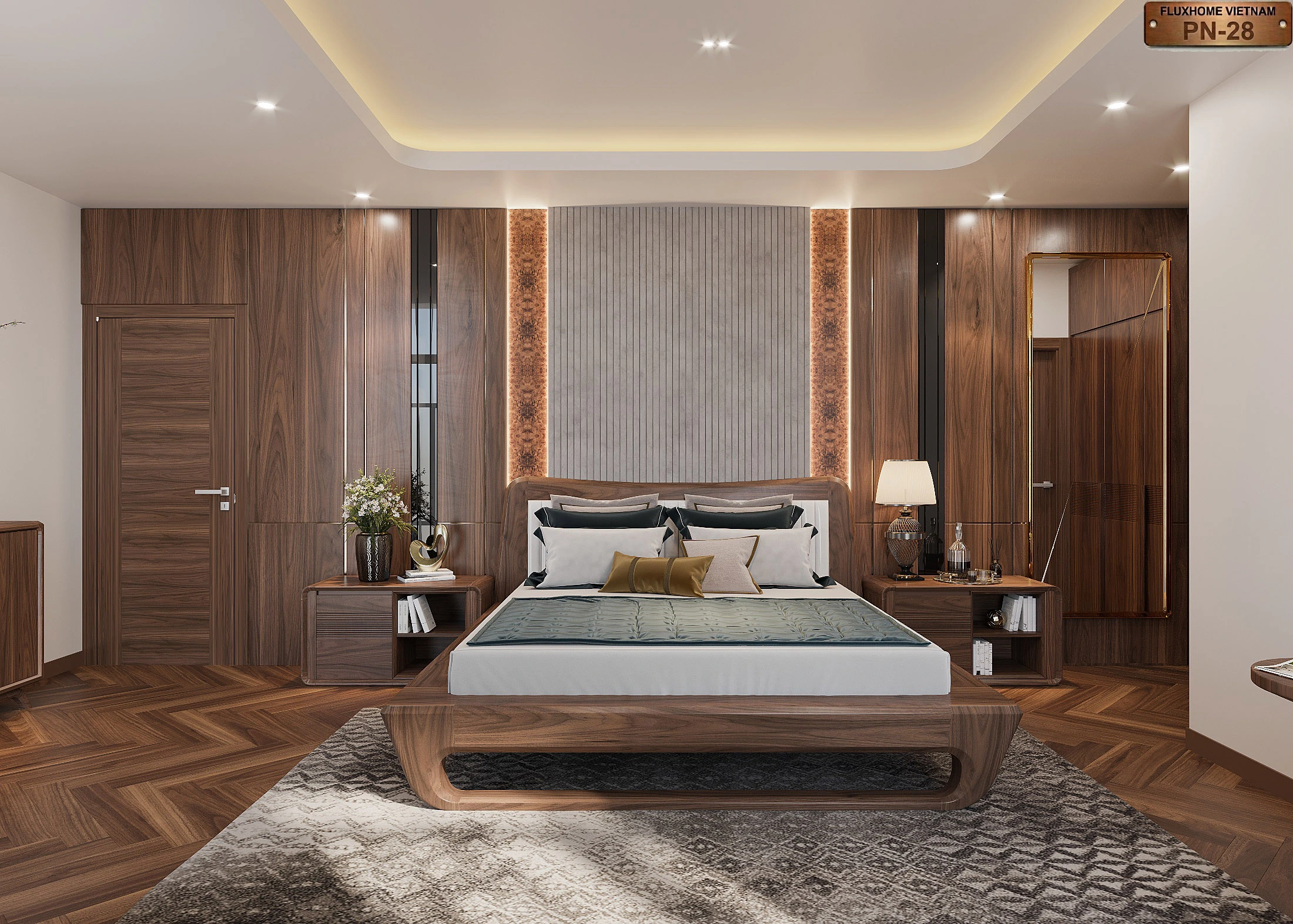 Không gian phòng ngủ master gỗ óc chó cao cấp chuẩn resort