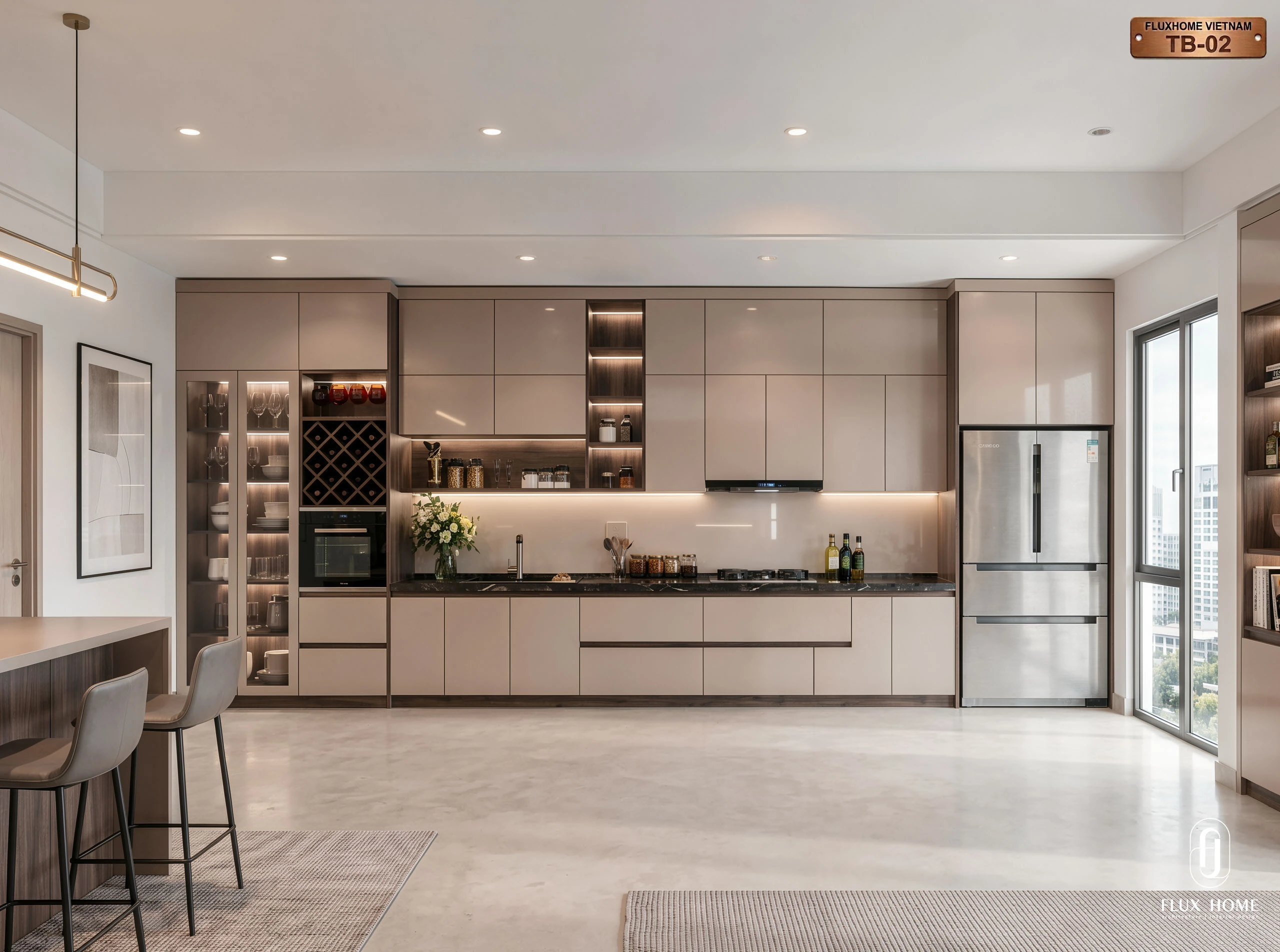 Mẫu tủ bếp hiện đại sang trọng với cánh Acrylic bóng gương