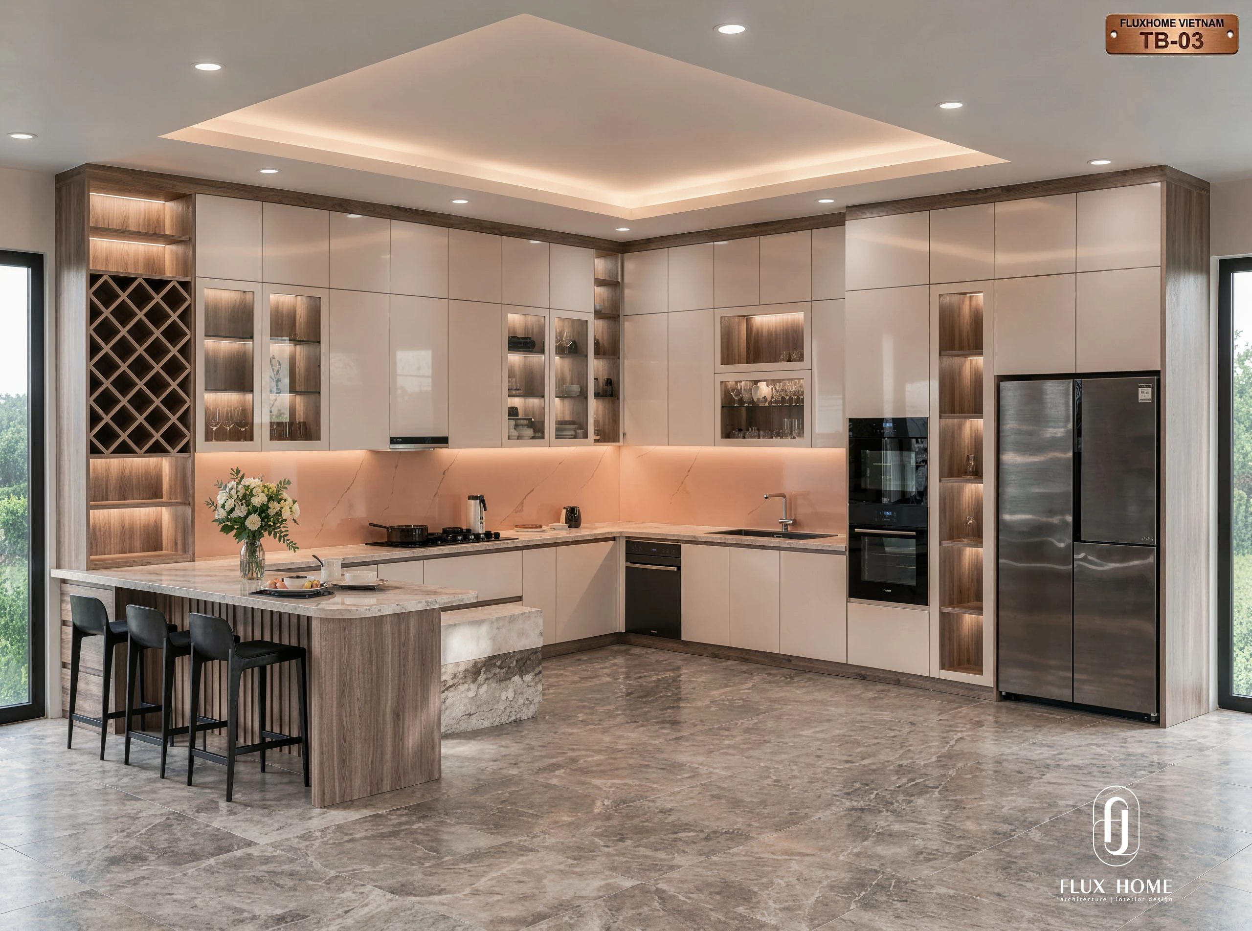 Thiết kế tủ bếp Acrylic màu be đẹp hiện đại và tinh tế
