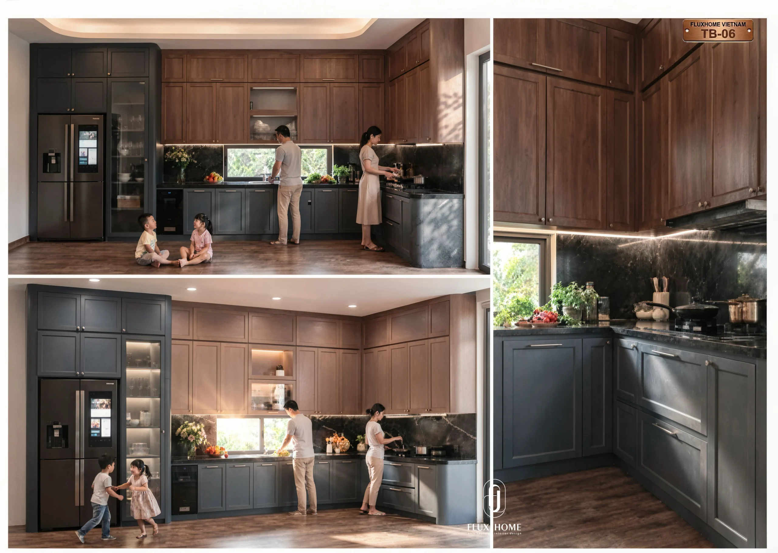 Tủ bếp pano màu ghi đậm kết hợp vân gỗ đậm sang trọng Fluxhome