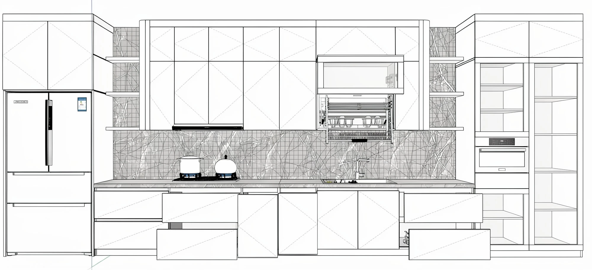 Tủ bếp màu trắng bóng hiện đại kết hợp mặt đá đen Fluxhome