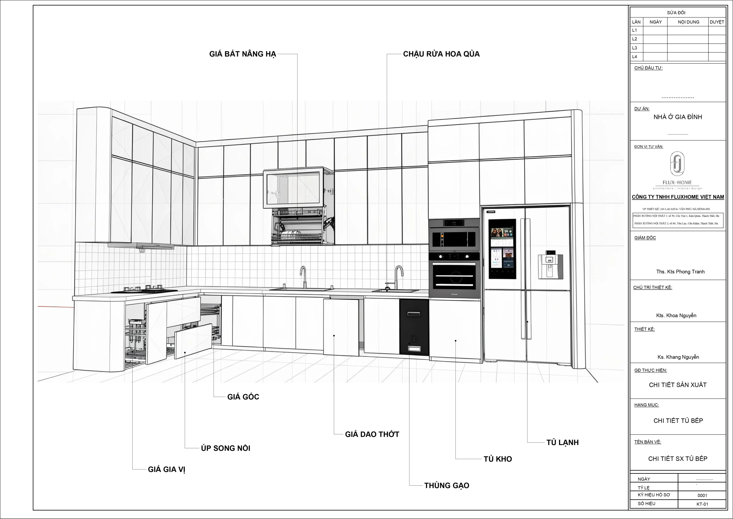 Tủ bếp chữ L màu ghi Acrylic kết hợp vân gỗ hiện đại Fluxhome