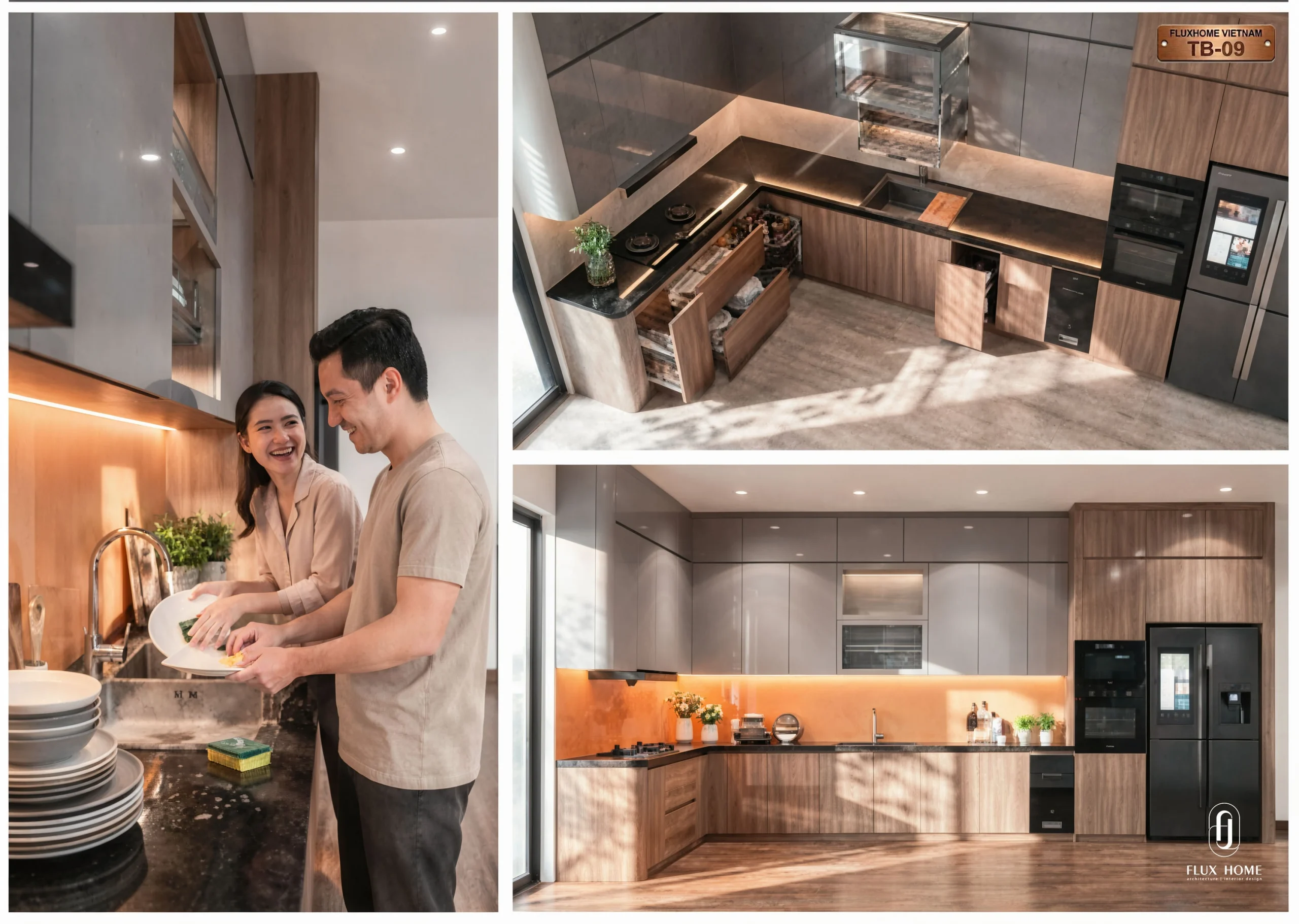 Thiết kế tủ bếp chữ L màu ghi Acrylic sang trọng và hiện đại