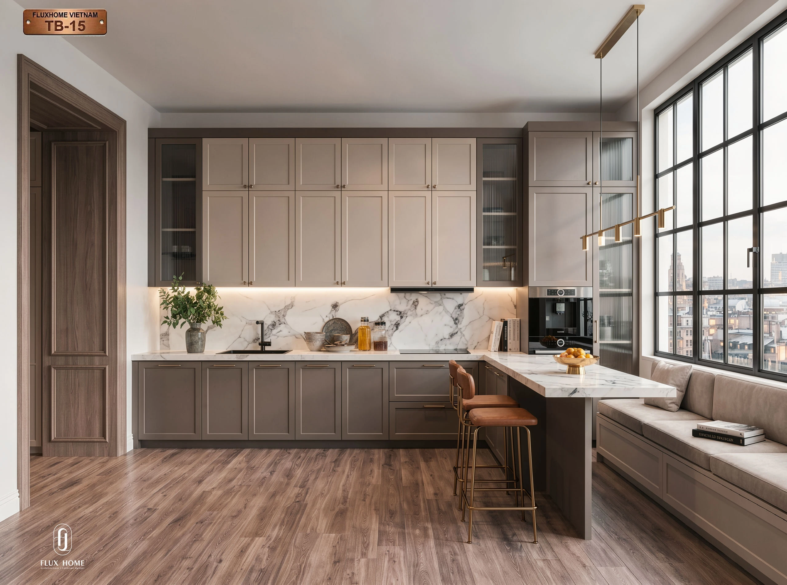 Tủ bếp tích hợp lò nướng âm và thiết bị hiện đại