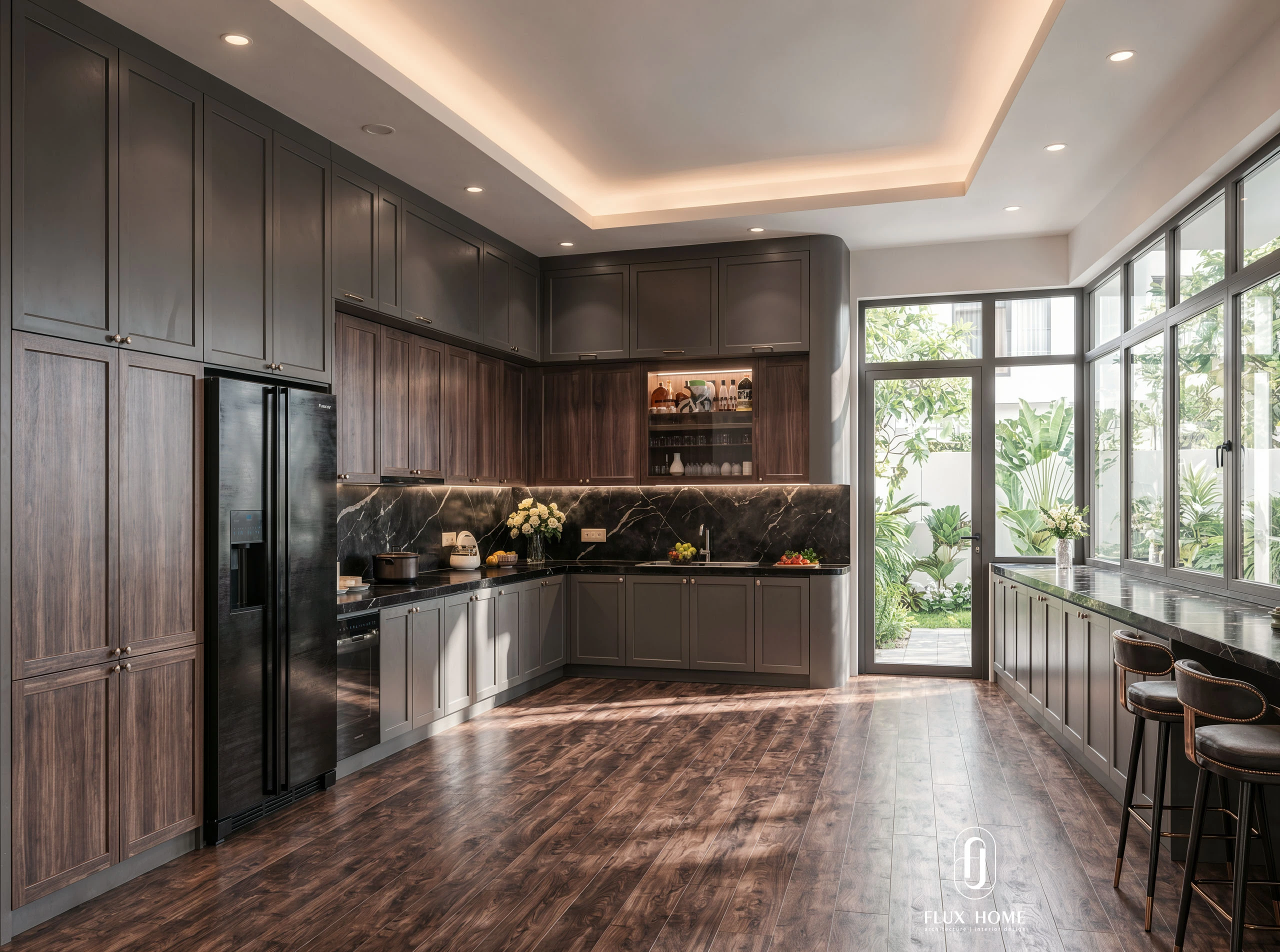 Thiết kế tủ bếp hiện đại cá tính với tông màu tối