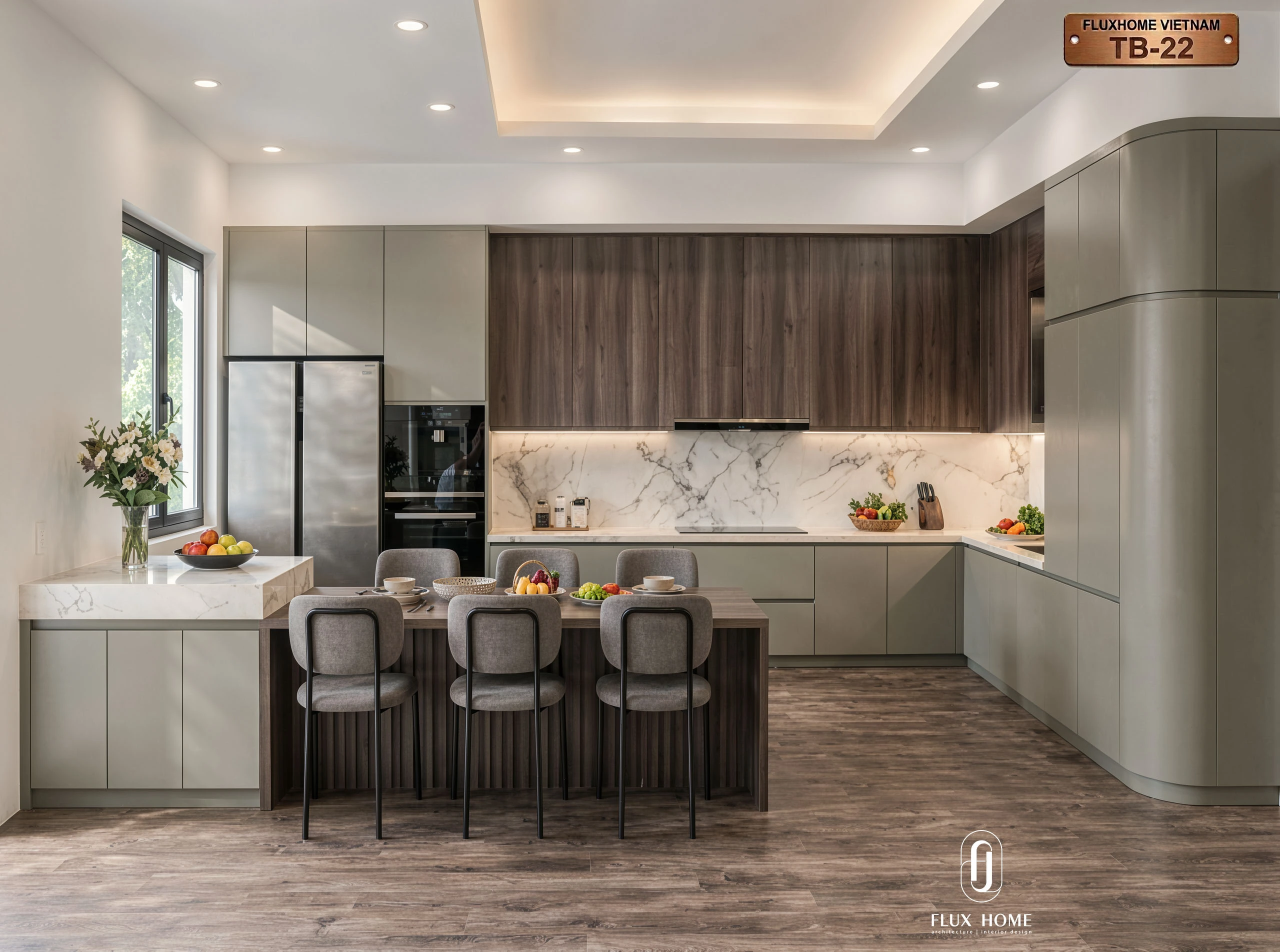 Thiết kế tủ bếp cao cấp màu xanh olive và gỗ tự nhiên