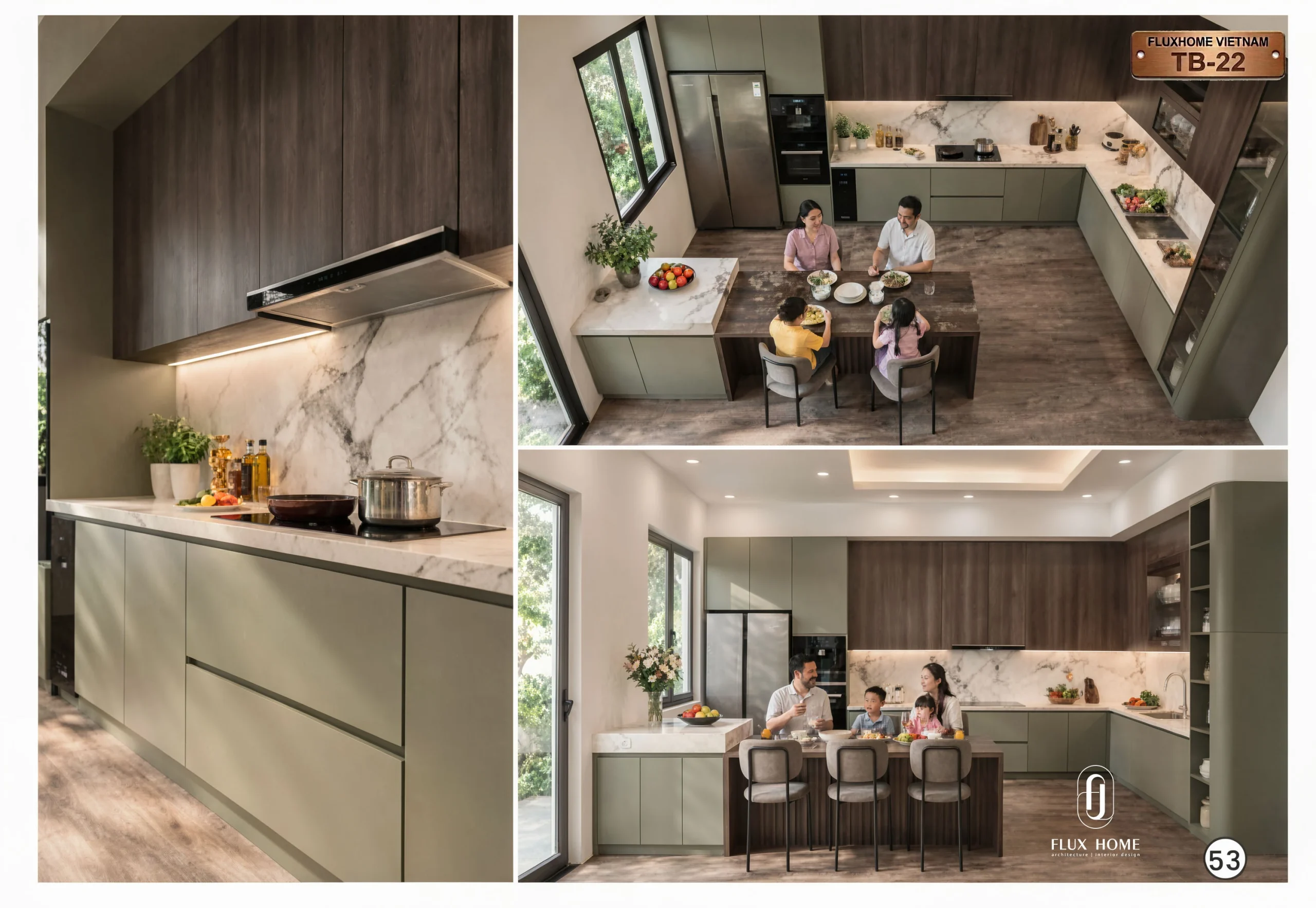 Tủ bếp hiện đại màu xanh olive kết hợp vân gỗ TB22