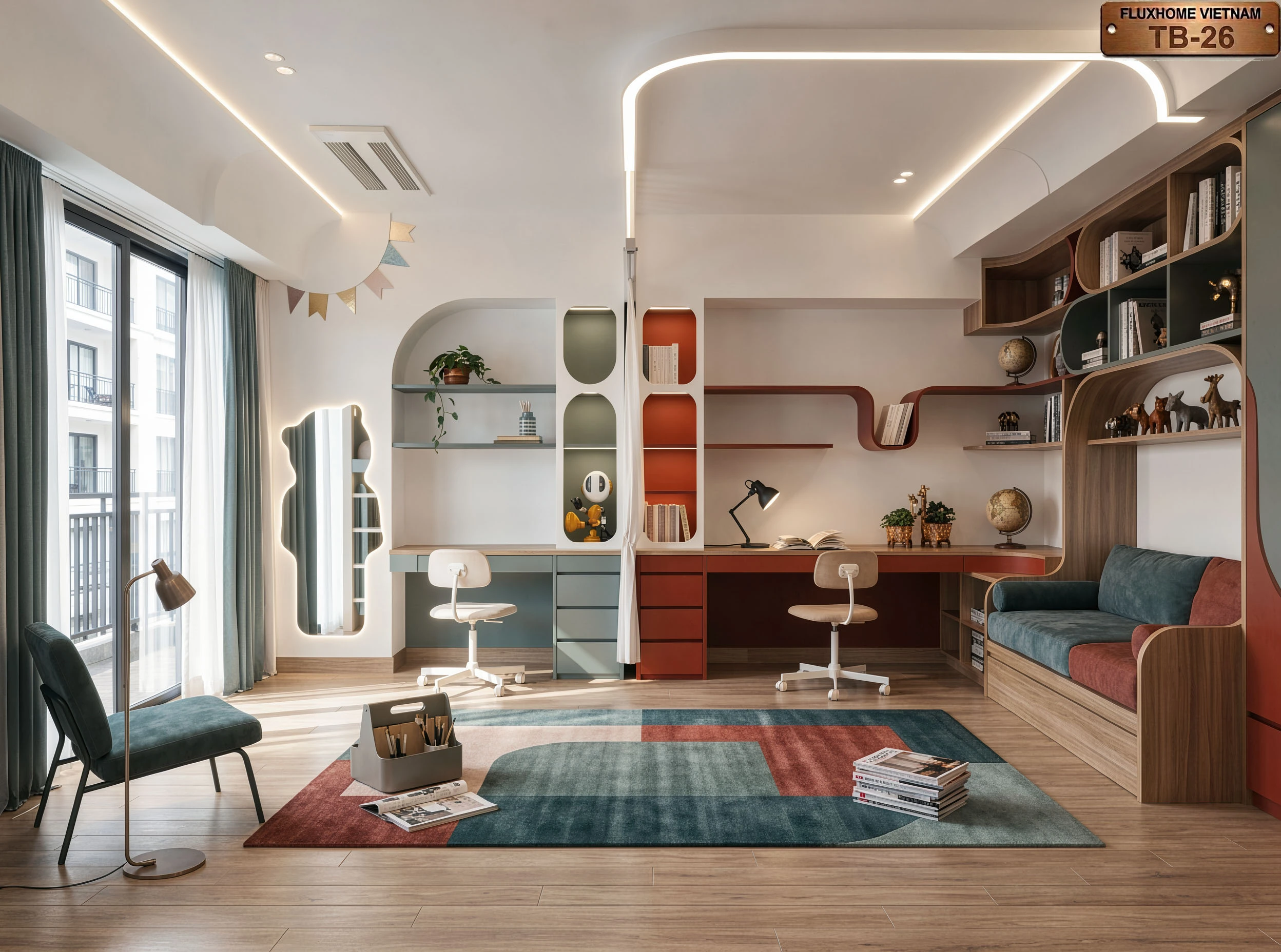 Góc nhìn từ sàn nhà lên hệ bàn học đôi và trần thạch cao uốn lượn NB26