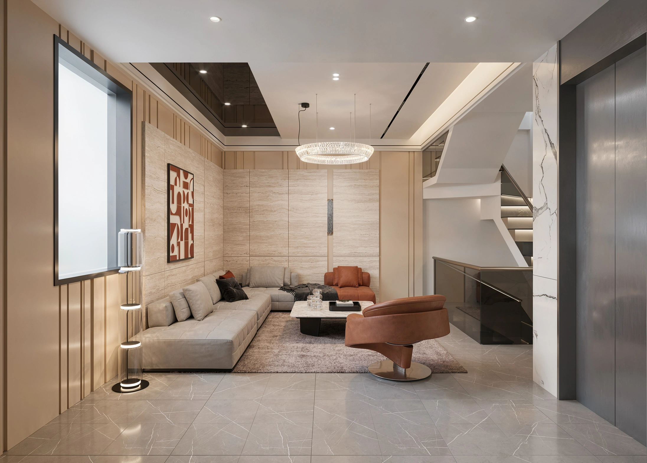 Mẫu thiết kế phòng khách hiện đại trần gương sang trọng do Fluxhome thực hiện