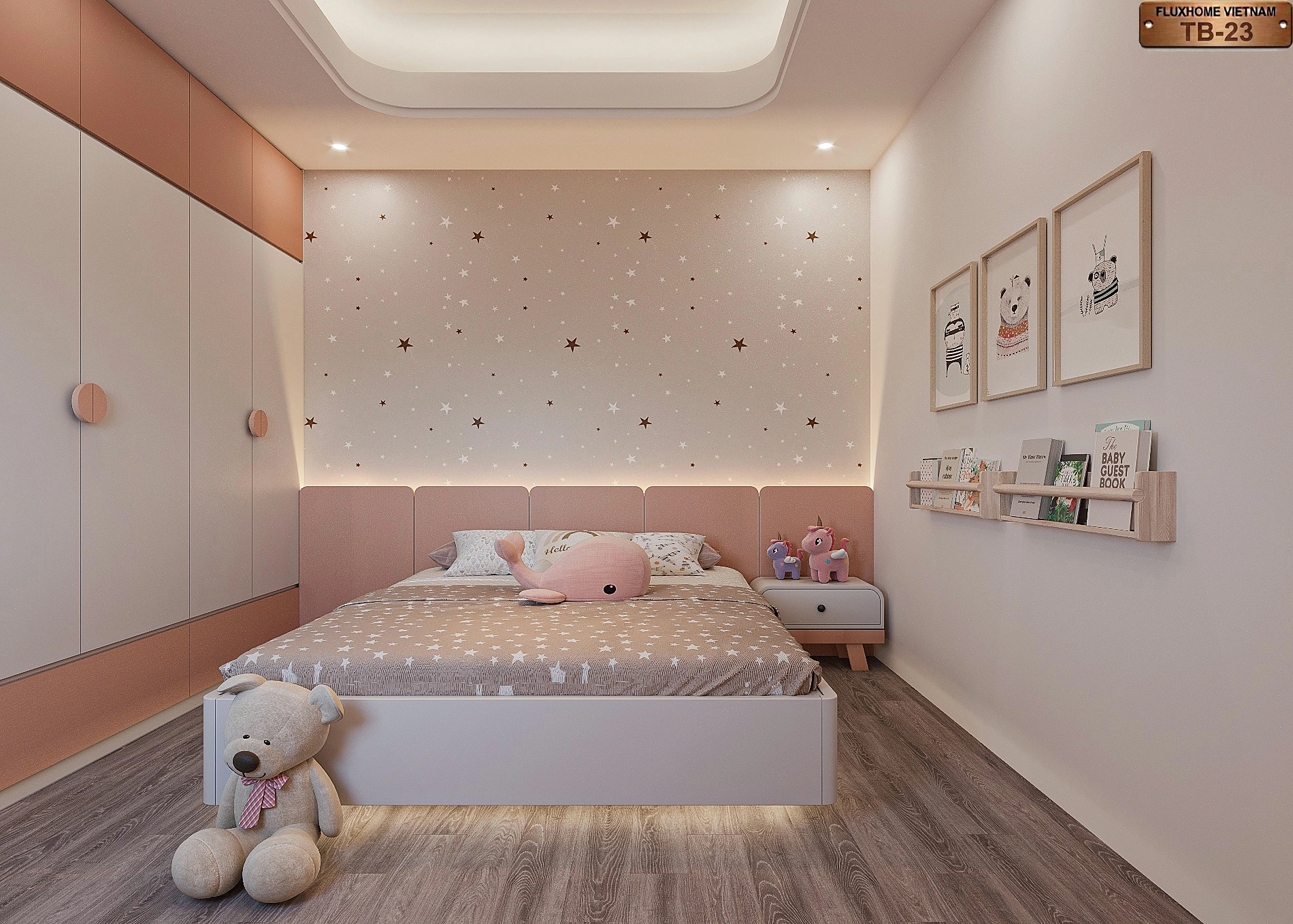 Mẫu thiết kế phòng ngủ cho bé gái tone hồng pastel dễ thương NB23 - Fluxhome