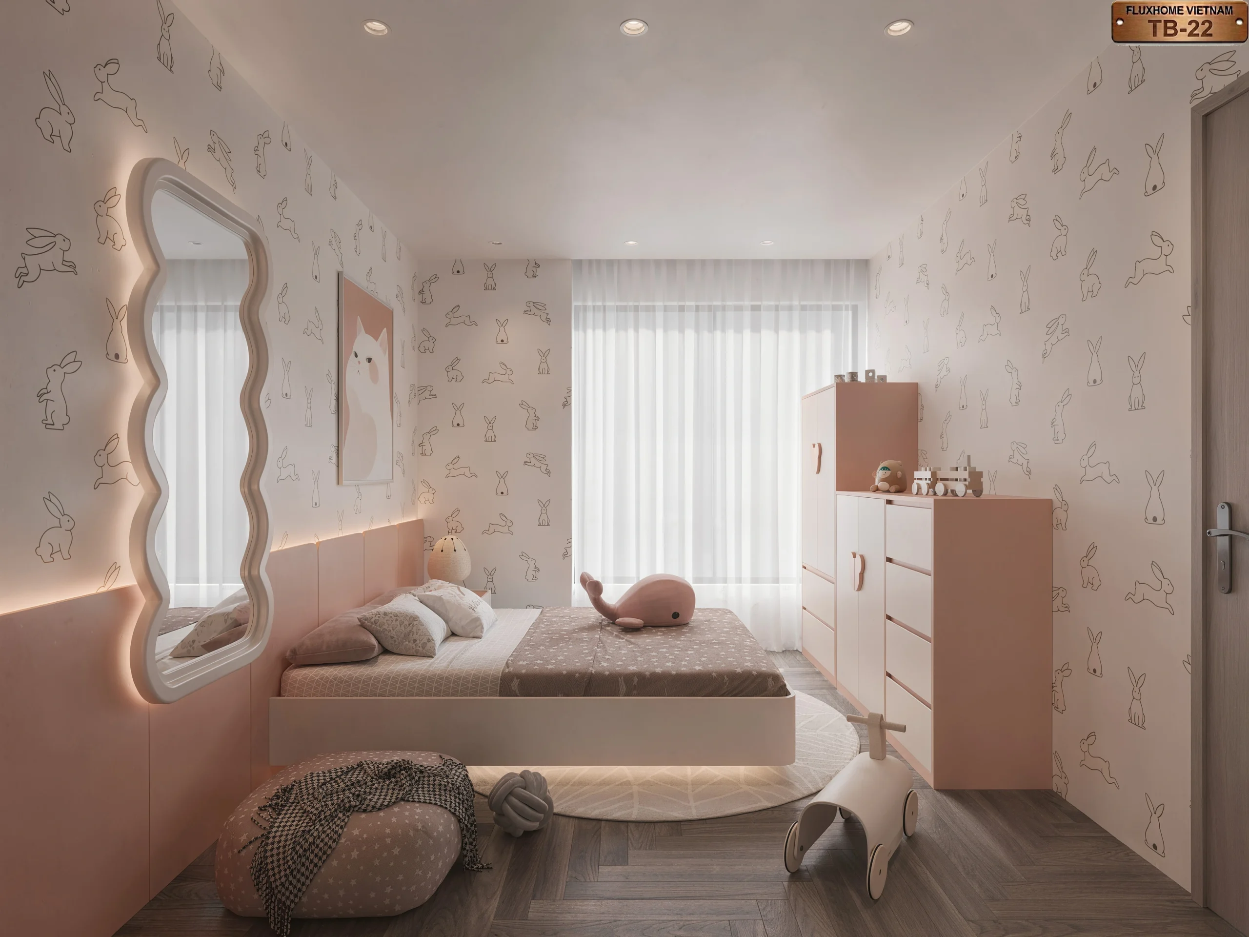Mẫu thiết kế phòng ngủ cho bé gái tone hồng trắng đáng yêu NB22 - Fluxhome