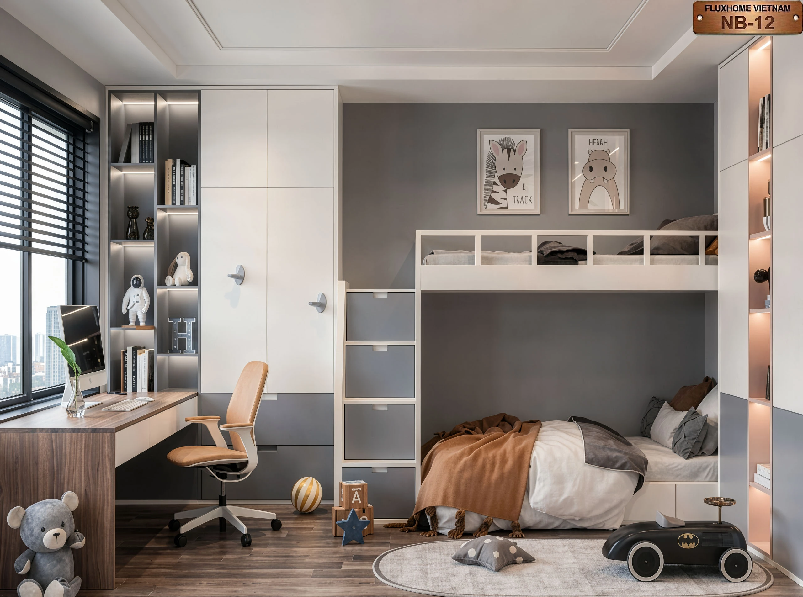 Mẫu thiết kế phòng ngủ giường tầng thông minh cho bé mẫu NB12 - Fluxhome