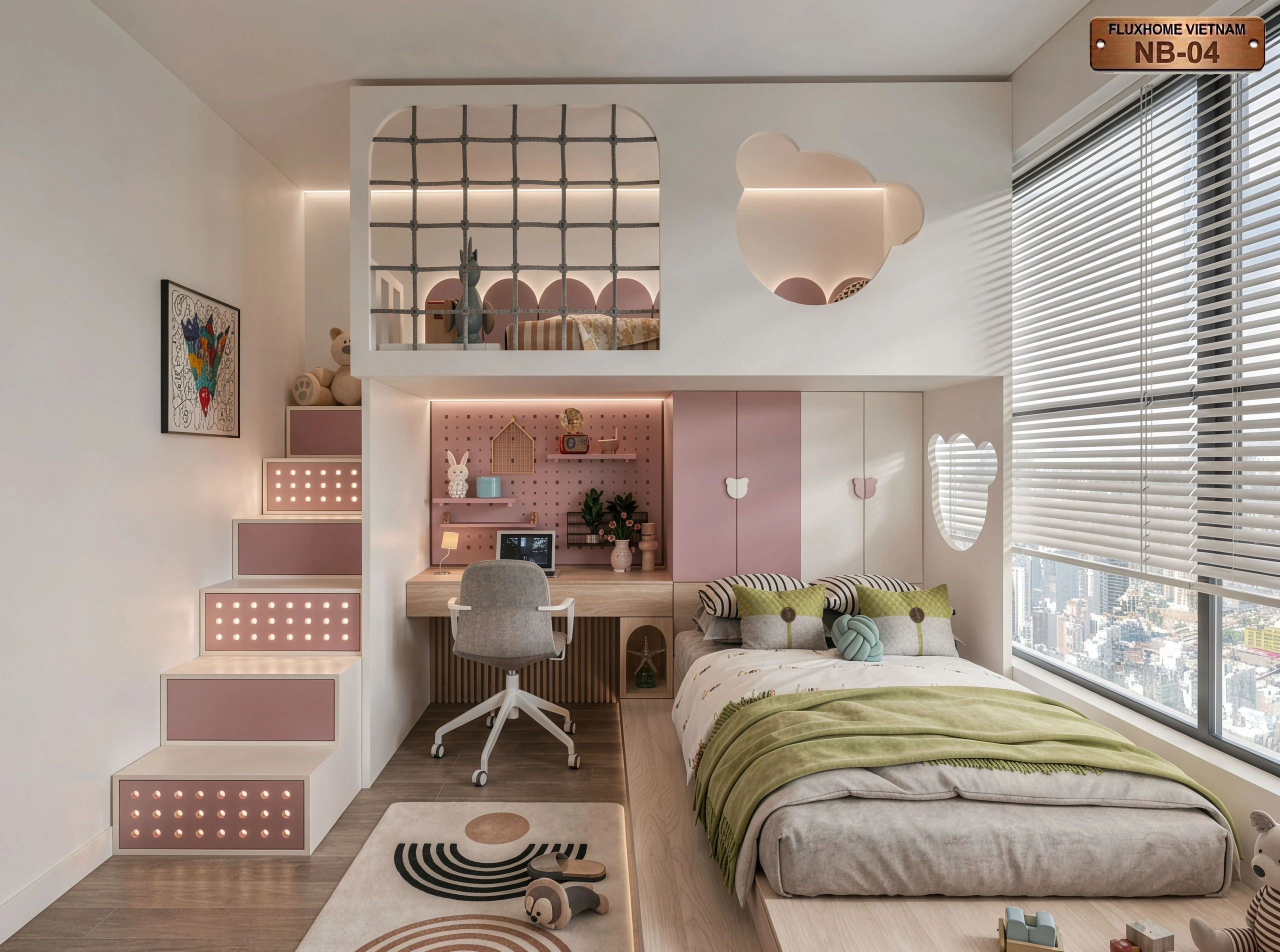 Mẫu thiết kế phòng ngủ giường tầng cho bé thông minh gọn gàng NB04 - Fluxhome