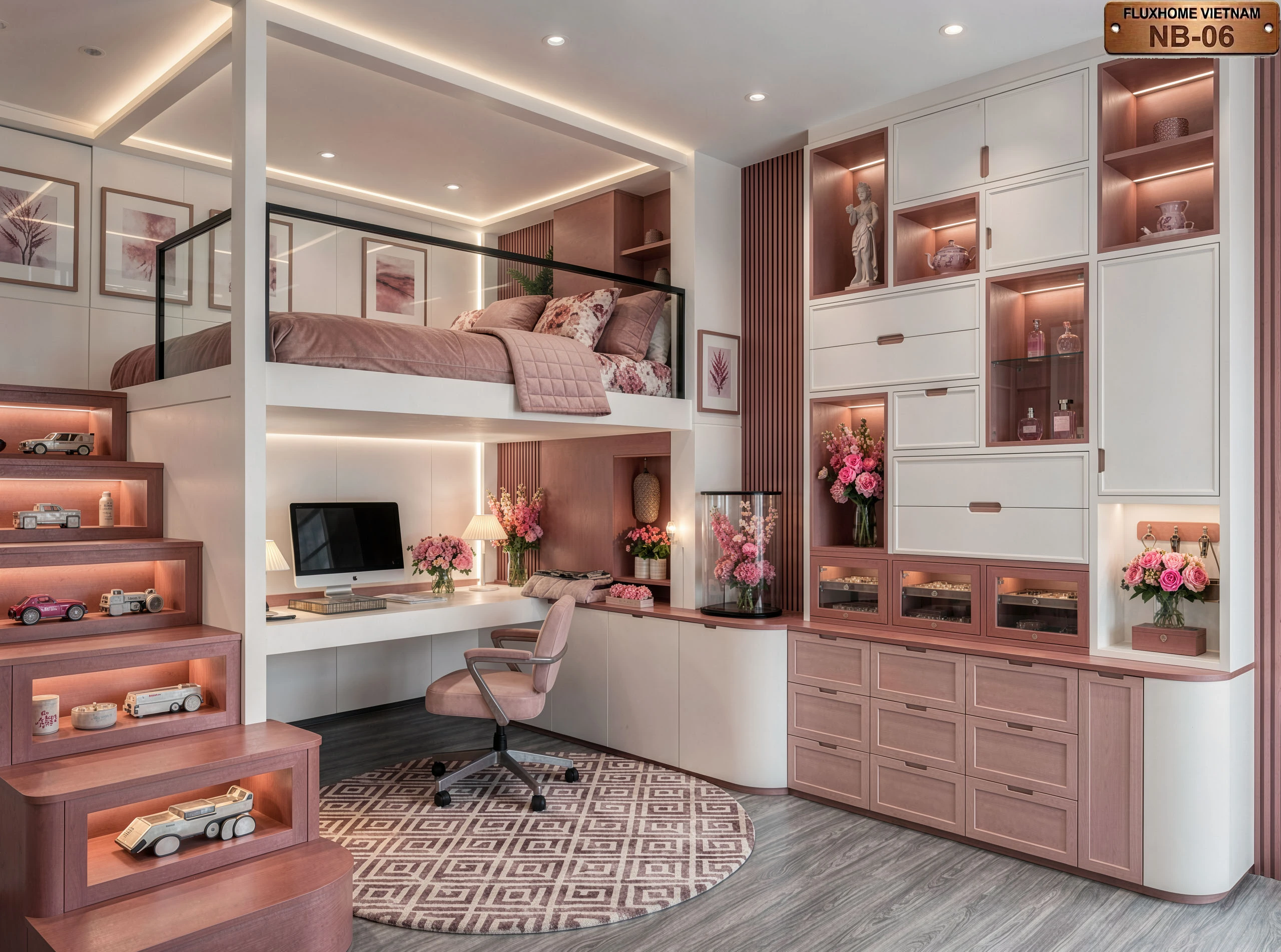 Mẫu thiết kế phòng ngủ giường tầng cho bé bố trí ngăn đợt thông minh NB06 - Fluxhome