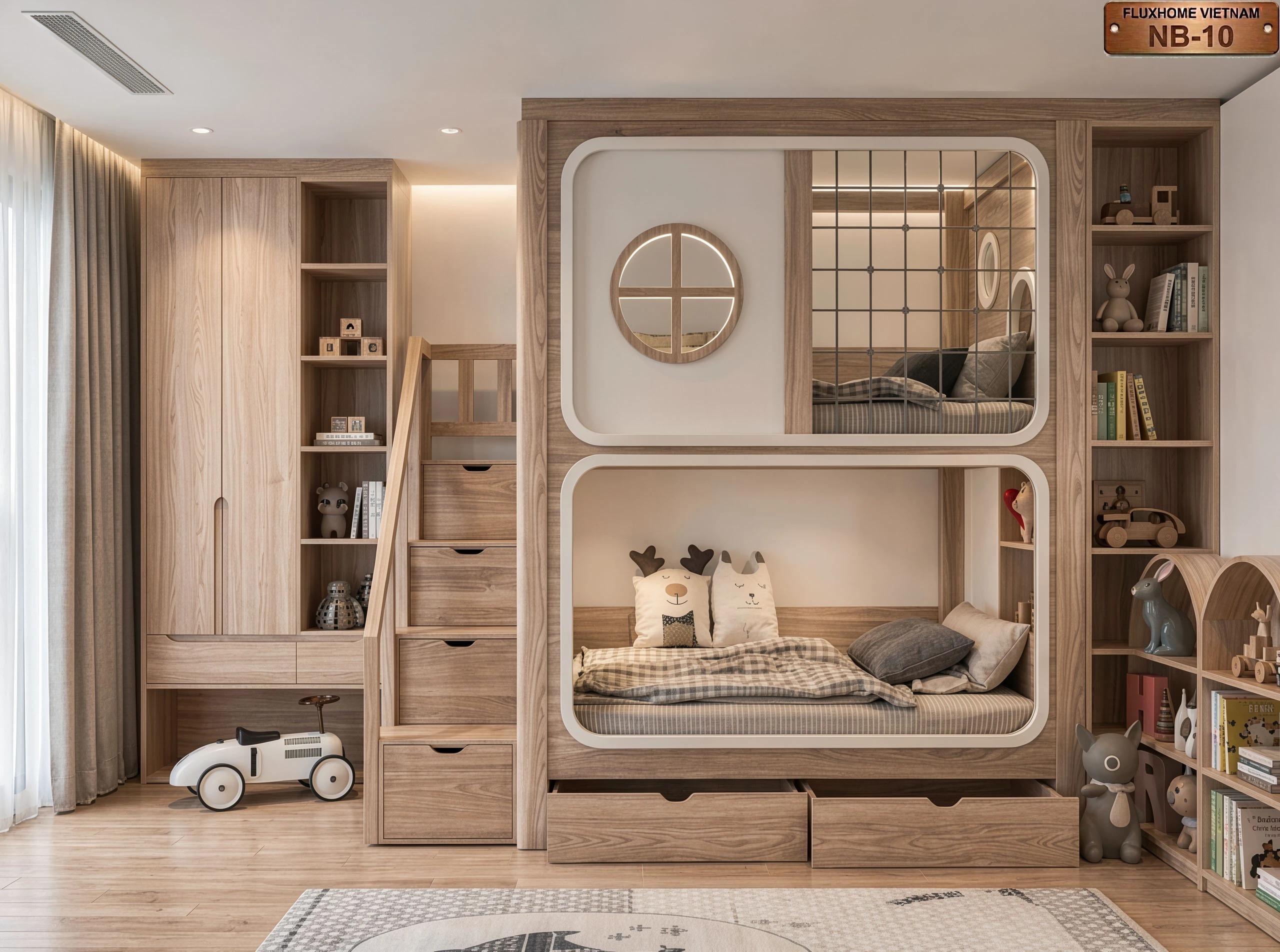 Mẫu thiết kế phòng ngủ giường tầng cho bé ngăn nắp thông minh gọn gàng NB10 - Fluxhome