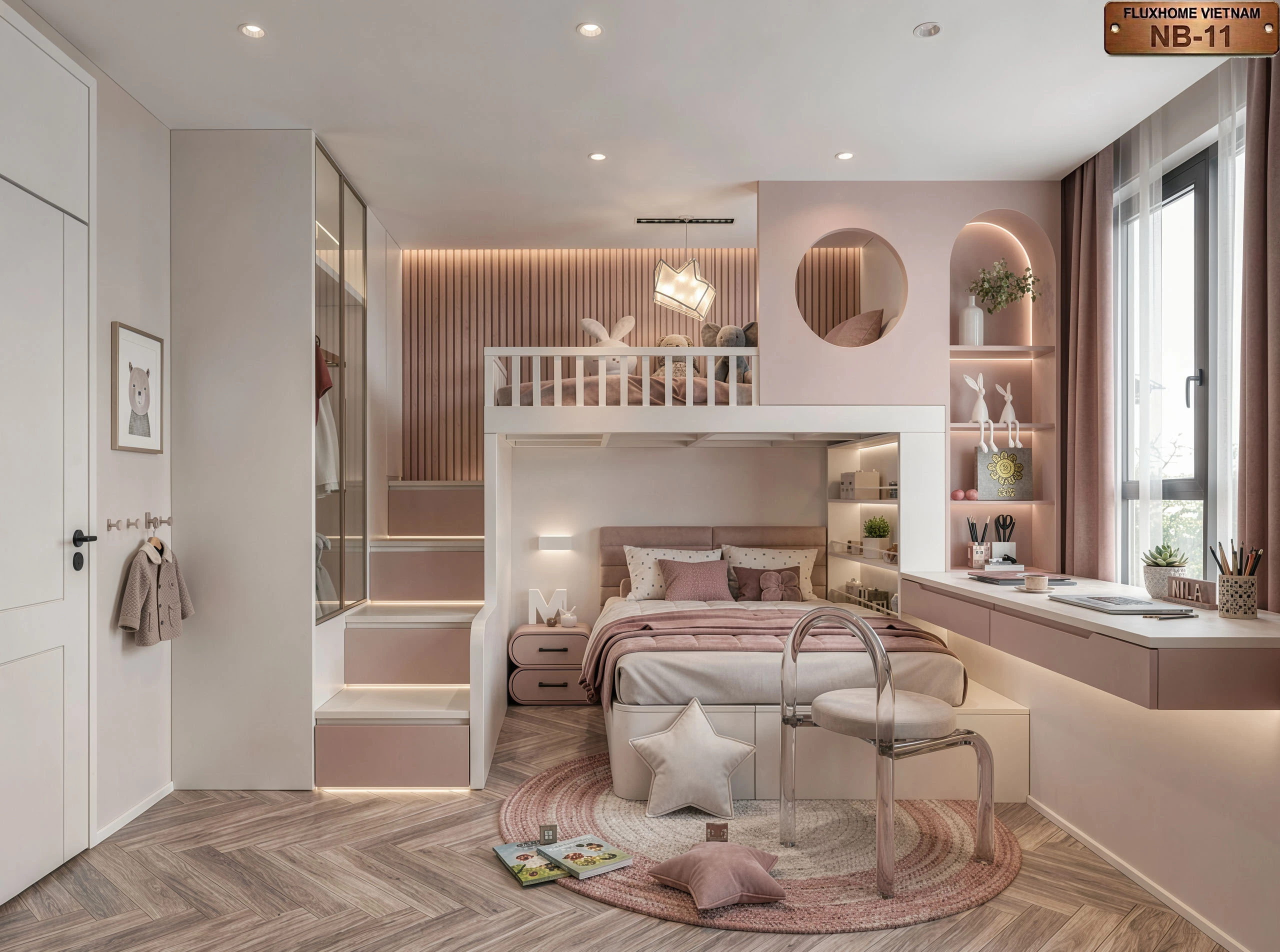 Mẫu thiết kế phòng ngủ giường tầng thông minh độc đáo cho bé mẫu NB11 - Fluxhome
