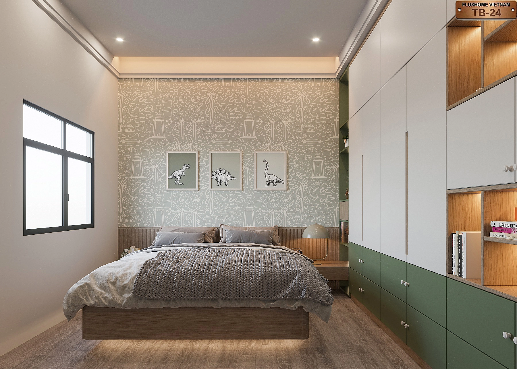 Mẫu thiết kế phòng ngủ cho bé tone xanh olive hiện đại NB24 - Fluxhome