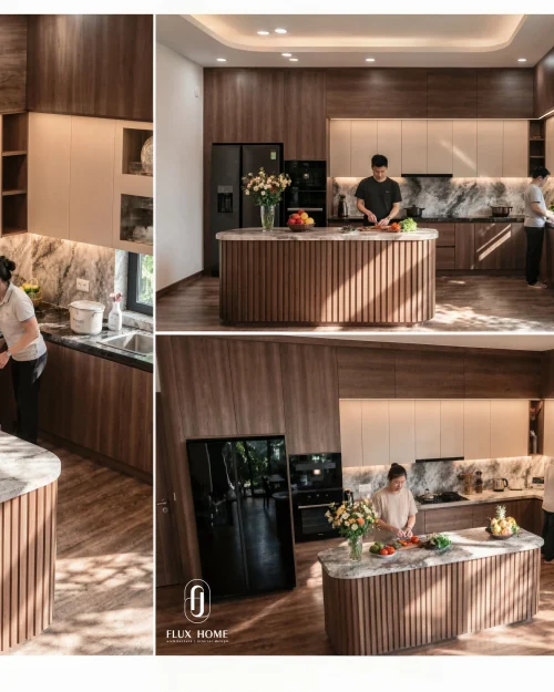 TB23 | Tủ Bếp Hiện Đại Màu Gỗ Kết Hợp Màu Trắng Có Đảo Bếp Sang Trọng