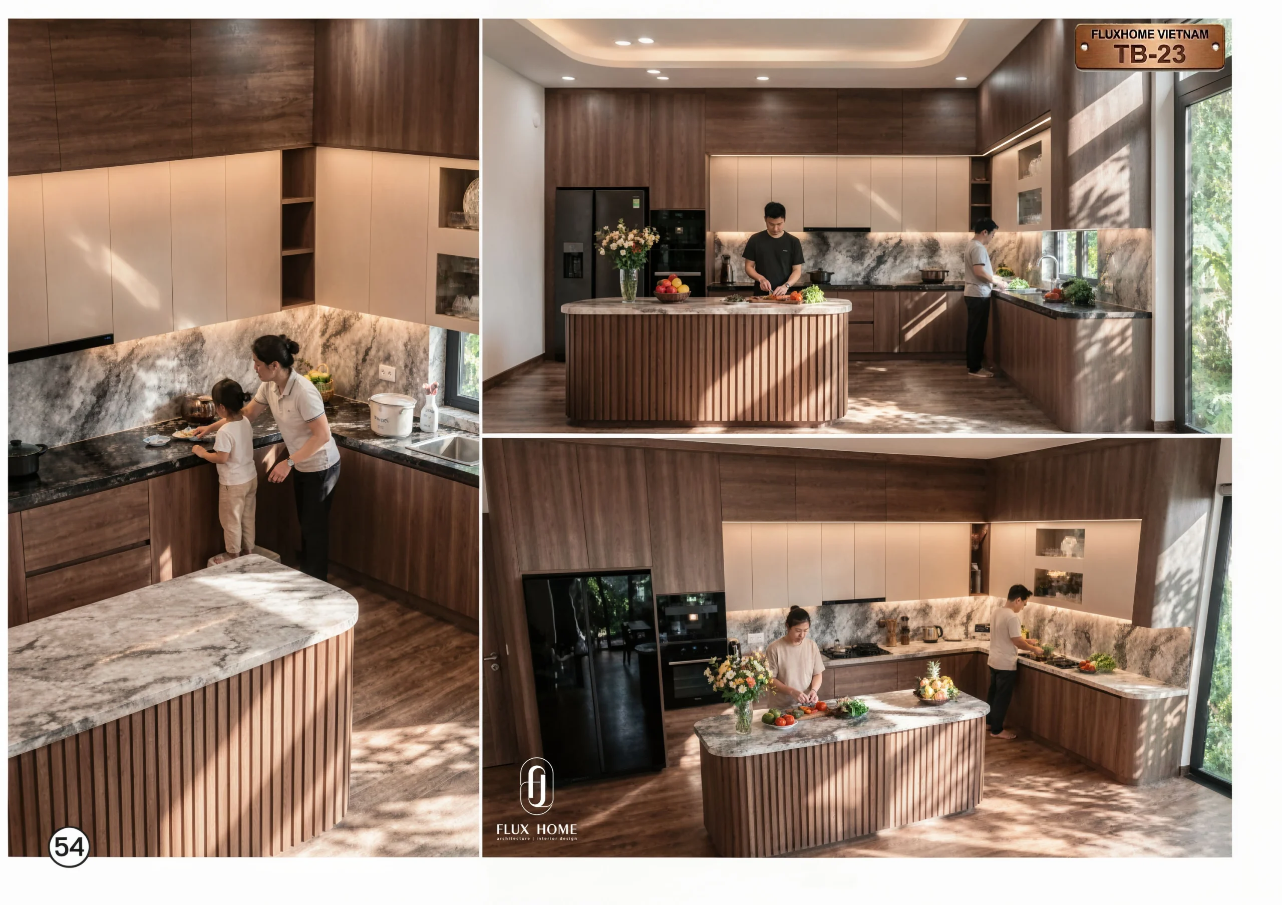 Mẫu tủ bếp chữ L hiện đại màu gỗ và màu trắng cao cấp cho biệt thự TB23