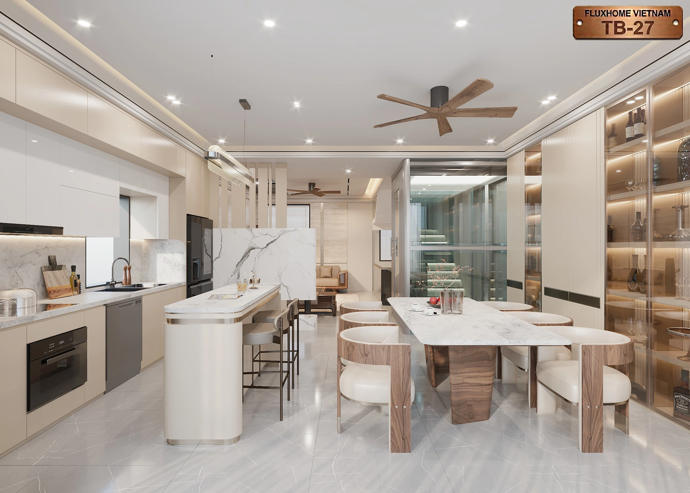 Mẫu tủ bếp Fluxhome màu kem kết hợp đảo bếp bo cong sử dụng vật liệu An Cường