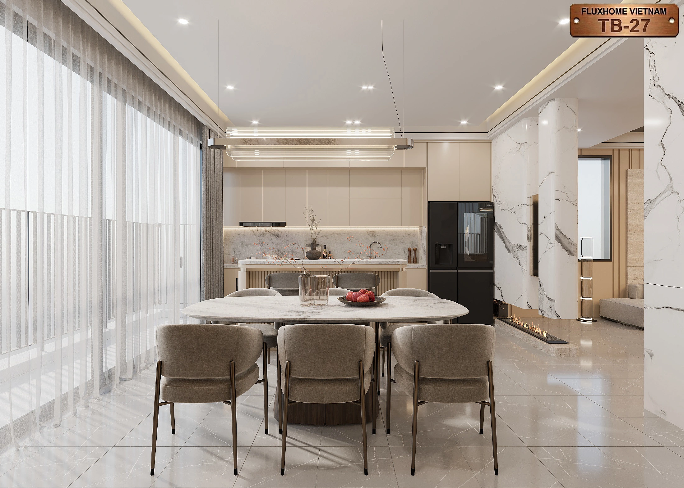 Góc nhìn tủ bếp Fluxhome màu kem hiện đại TB27