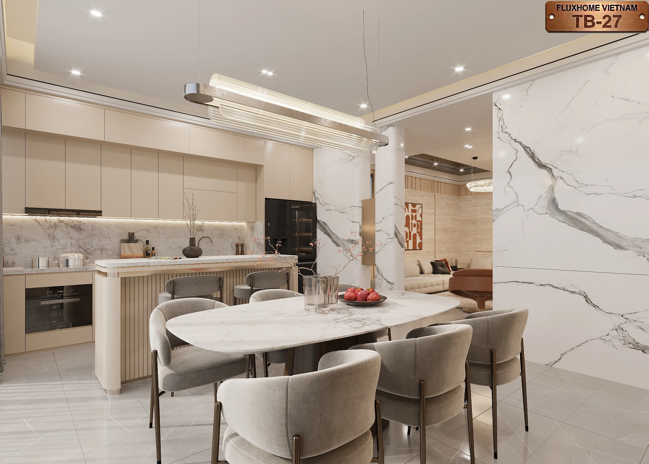 Thiết kế tủ bếp Fluxhome đá vân mây khổ lớn TB27