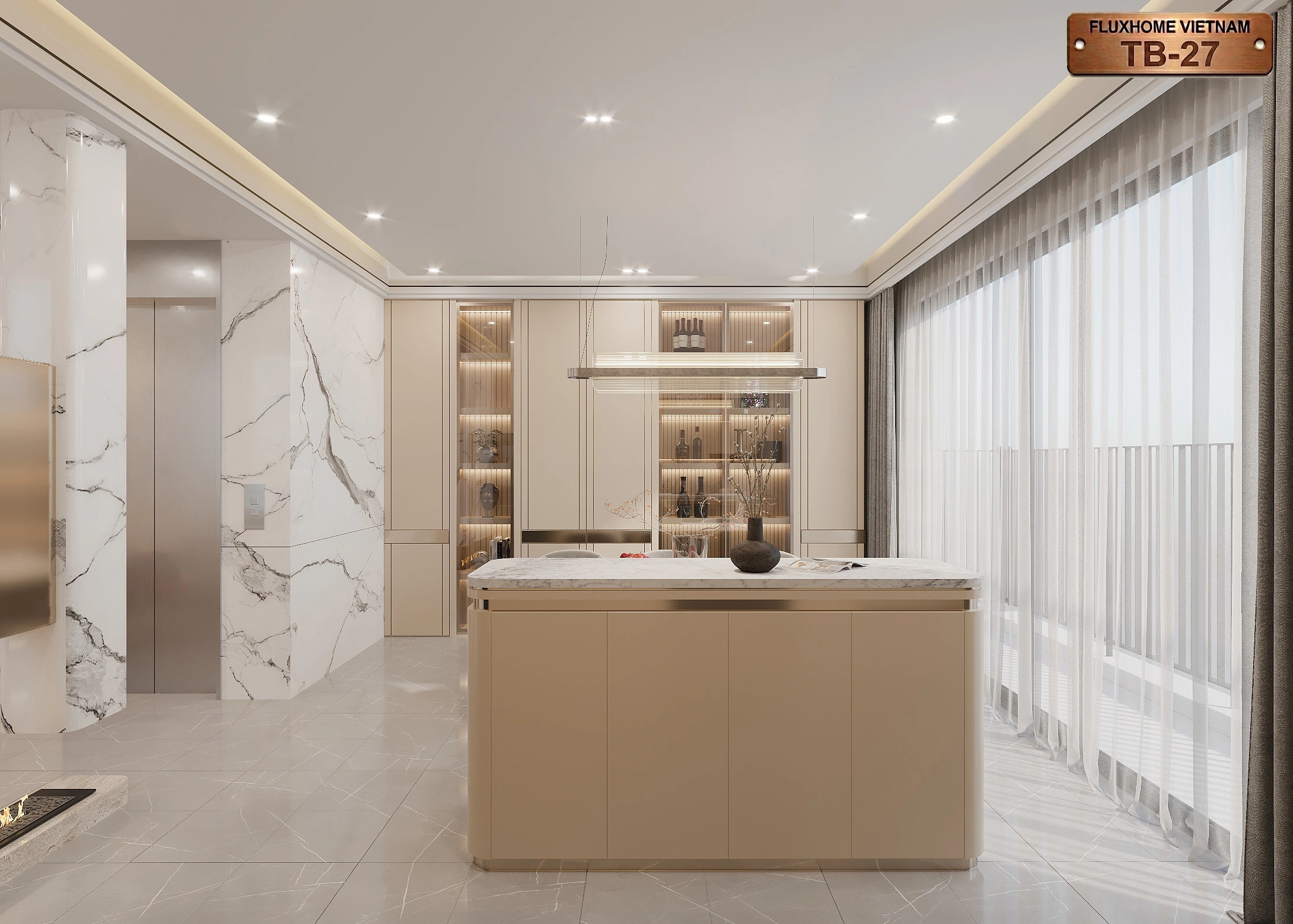 Mẫu tủ bếp Fluxhome đảo bếp bo cong đẹp TB27